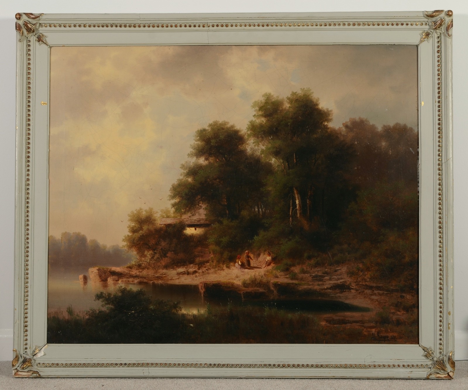 Antique Late 19th Century Figures In A Landscape Oil On Canvas Painting RIEGER