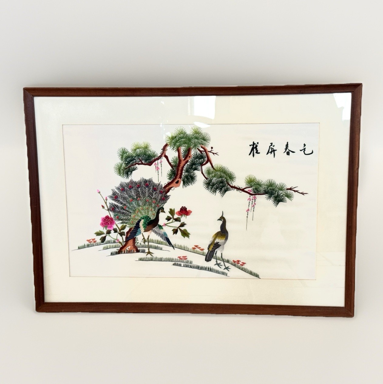 Vintage Chinese Silk Embroidery Peacock Framed Art Hand Embroidered