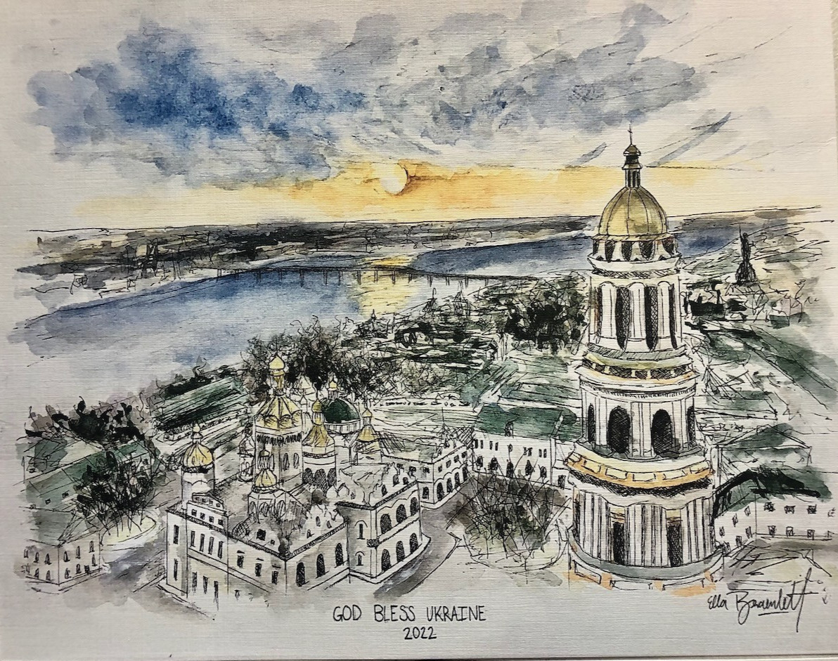 3 Ella Bramlett Designs Watercolor etchings God Bless Ukraine Kharkiv Mariupol