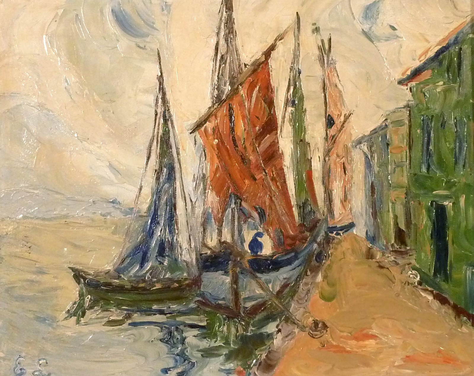 MONOGRAM SIGNED! SCENERY FROM A SMALL FISHING HARBOR