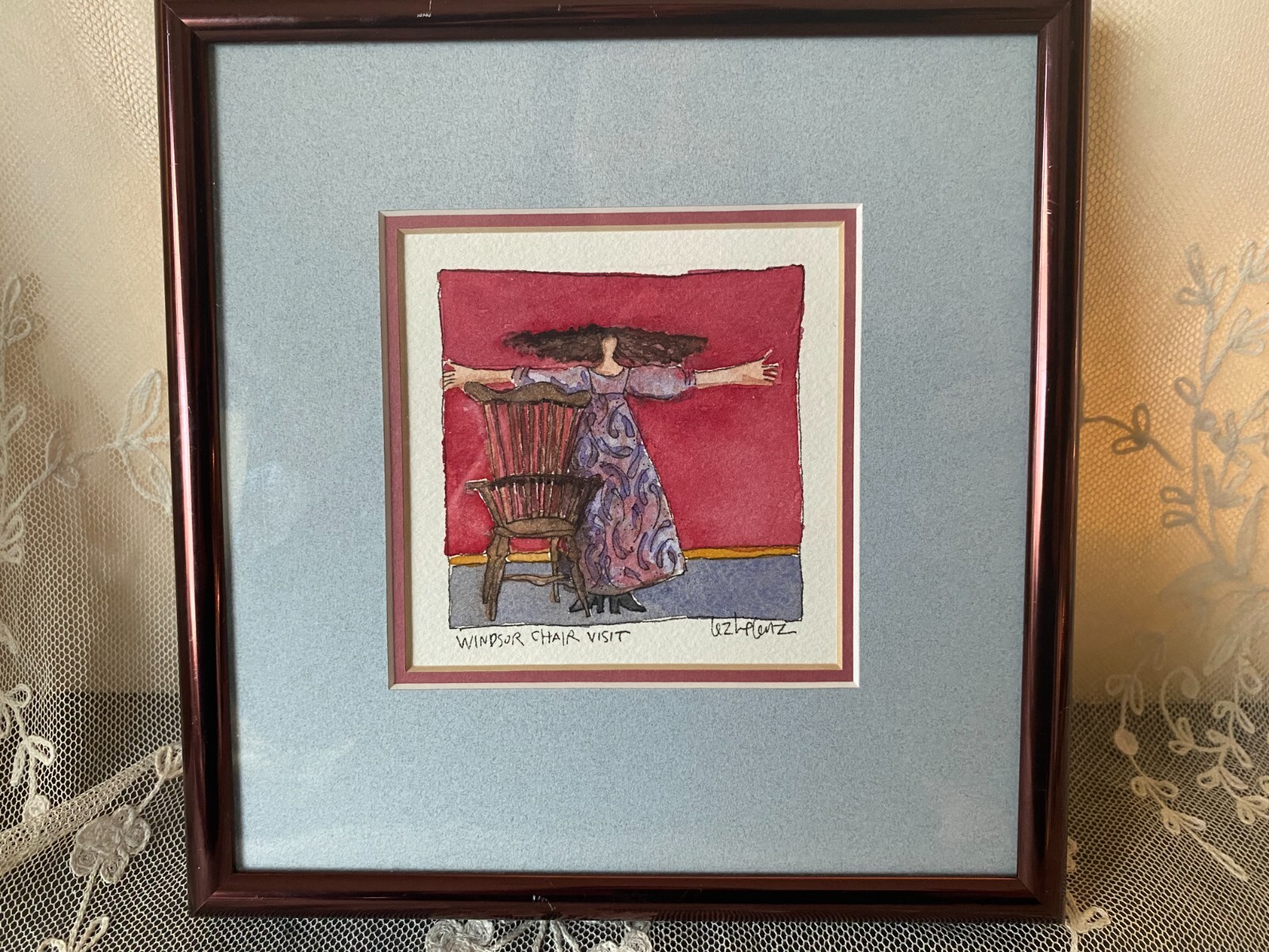 Lezlie Lenz Original Watercolor Painting «Windsor Chair Visit» Matted & Framed