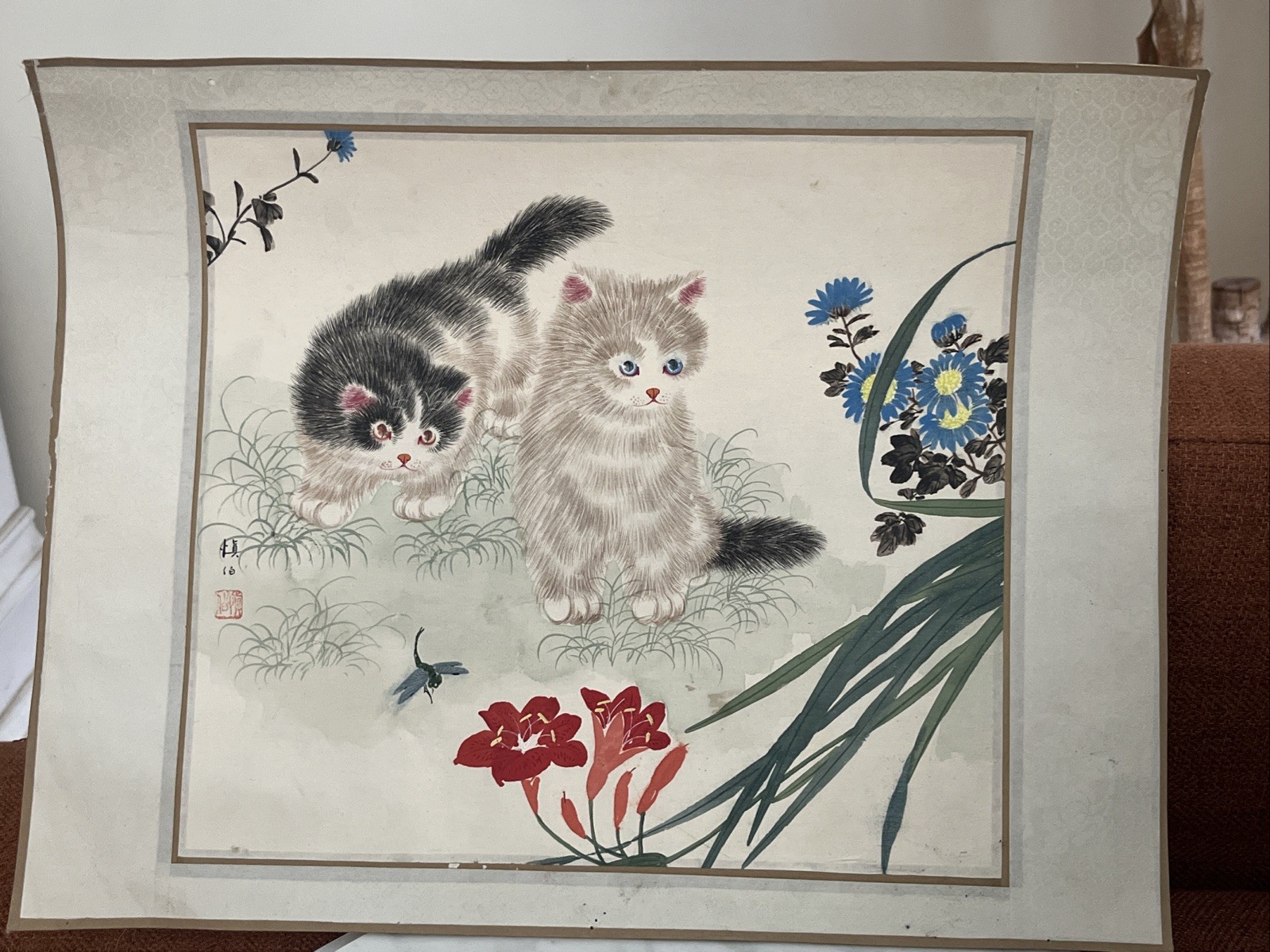 Vintage Original Asian Cats Painting Japanese Cat 12 X 15.5 Signed
