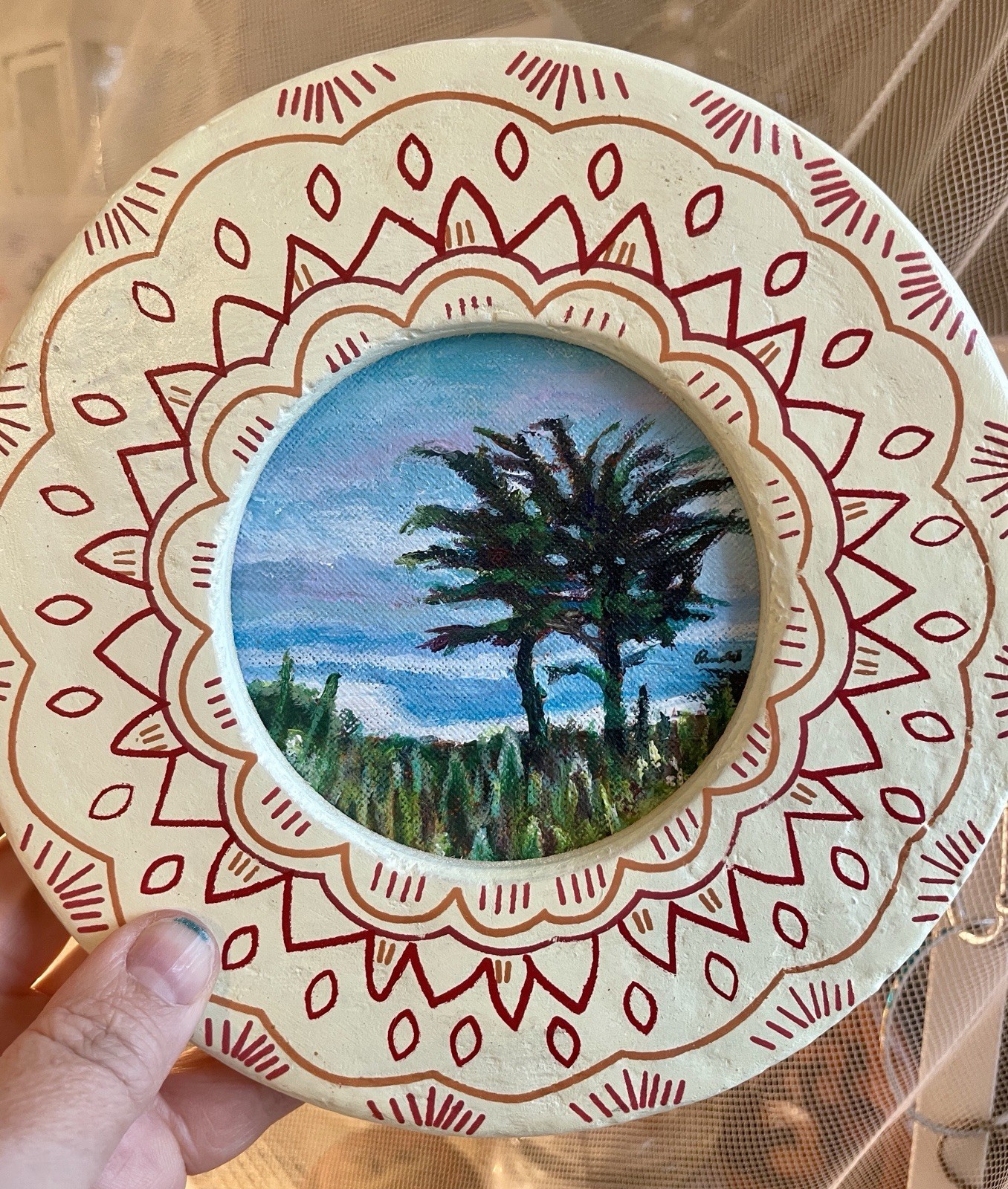 California Cypress Tree Painting Framed Round Coastal Landscape Wall Art