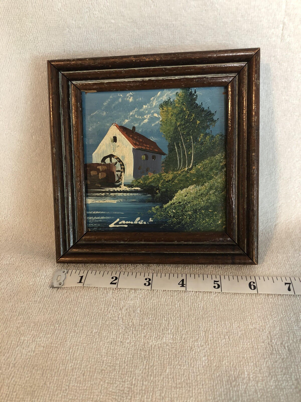 Vintage Oil Painting Miniature by Lambert, Watermill Scene