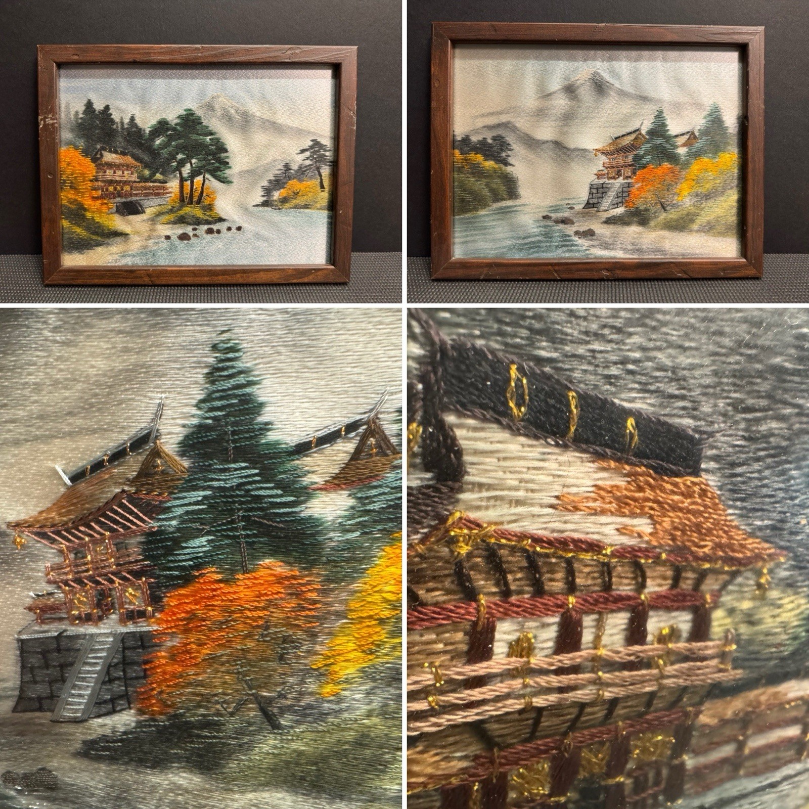 Pair of Vintage Japanese Silk Embroidery Art – Landscape Pagoda & Mt Fuji