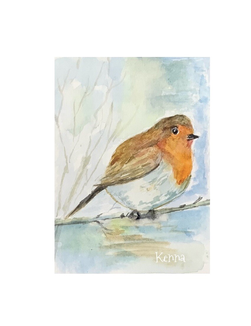 ACEO By Kenna Original Watercolour Painting Red Breasted Robin 2.5” X 3.5” ATC