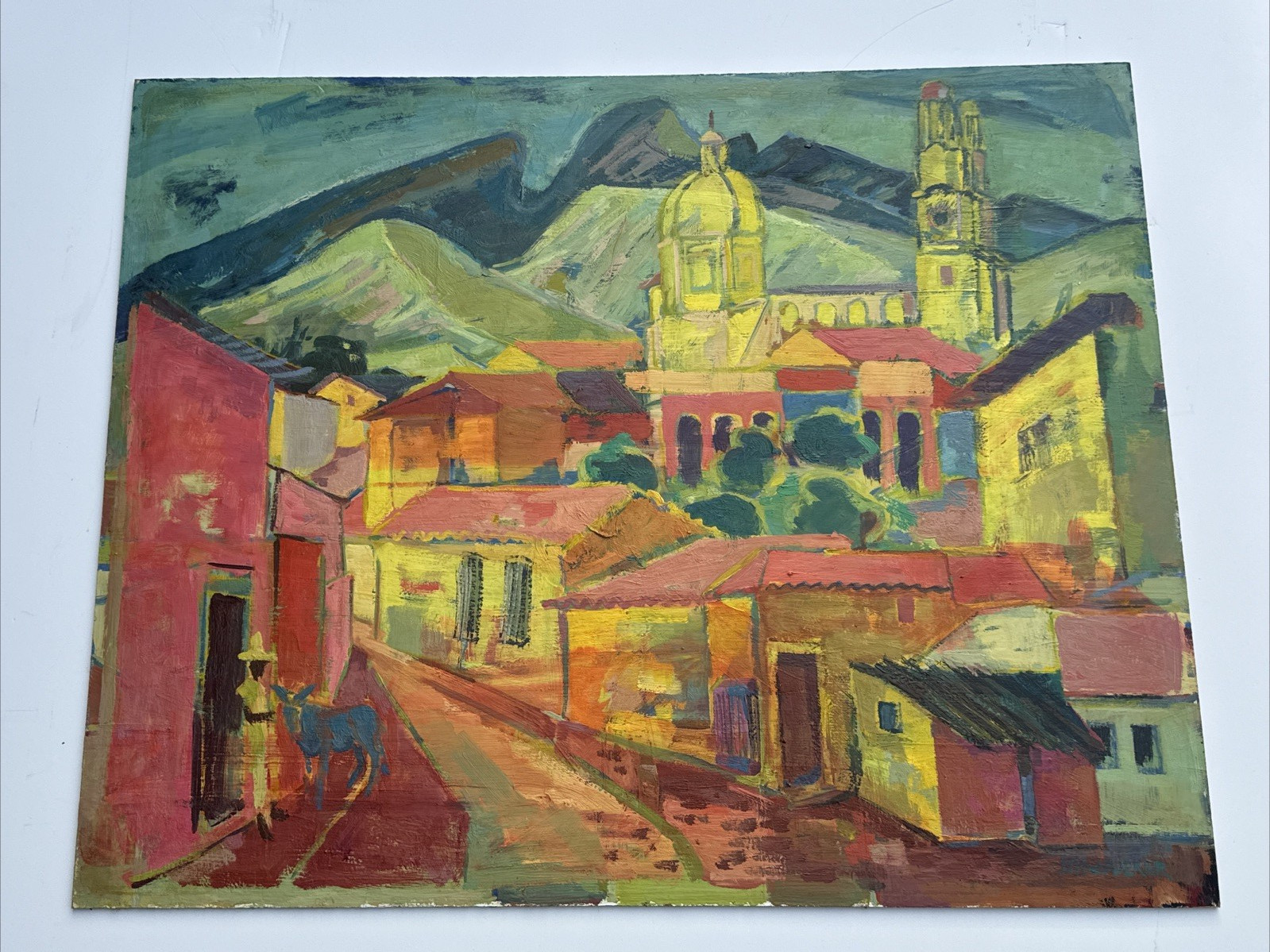 MID CENTURY PAINTING LANDSCAPE TOWN FRITZ SCHWADERER FINEST LARGE OIL MODERNISM
