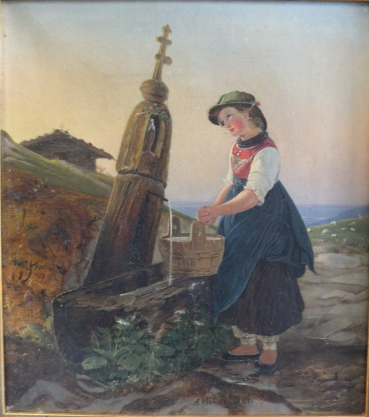 CARL ADOLF MENDE 1807 – 1857, Young Peasant Woman at Fountain, Signed & Dated, 1835