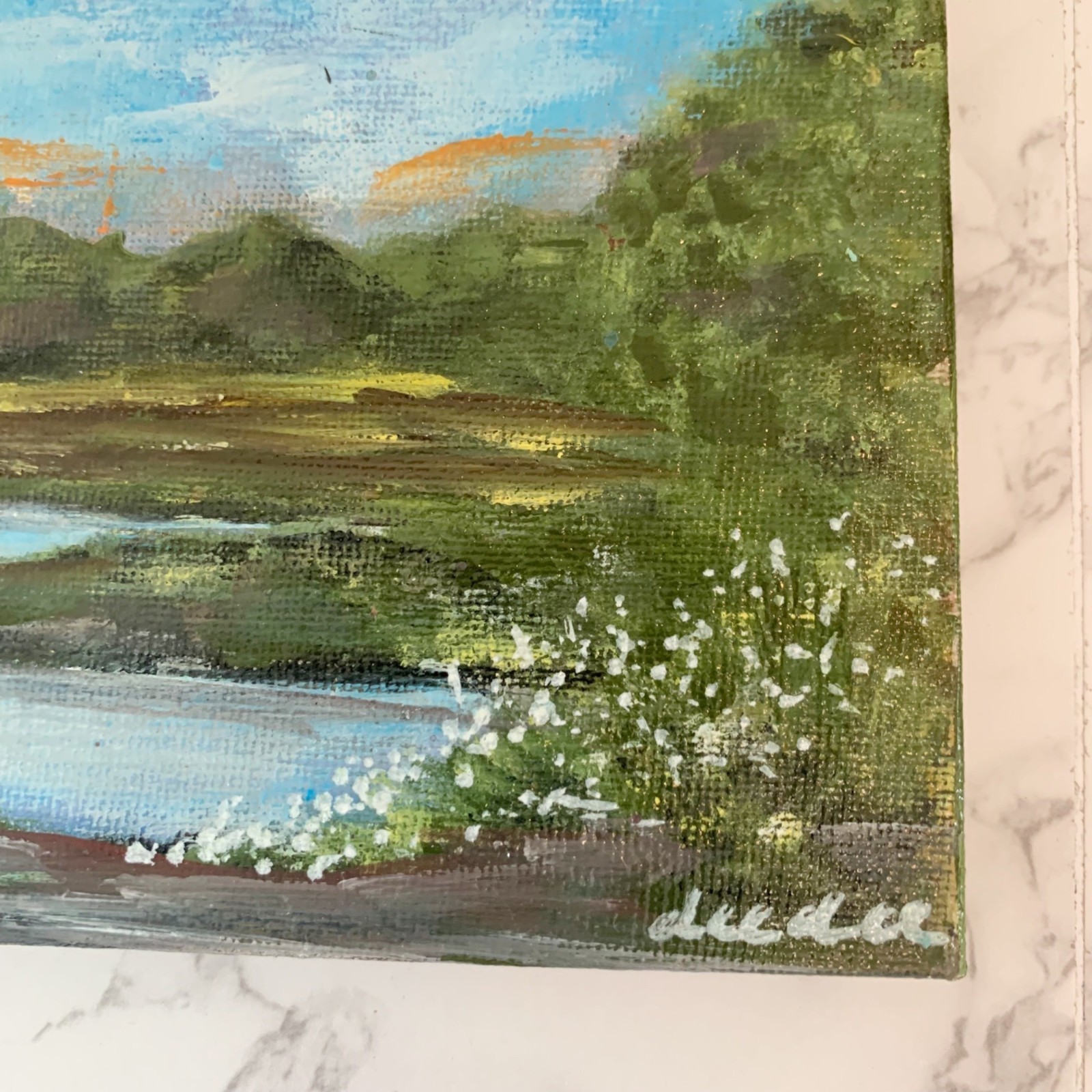 Hand Painted Landscape Painting Canvas Art Signed Dee Dee Blue Green 6.75 x 5