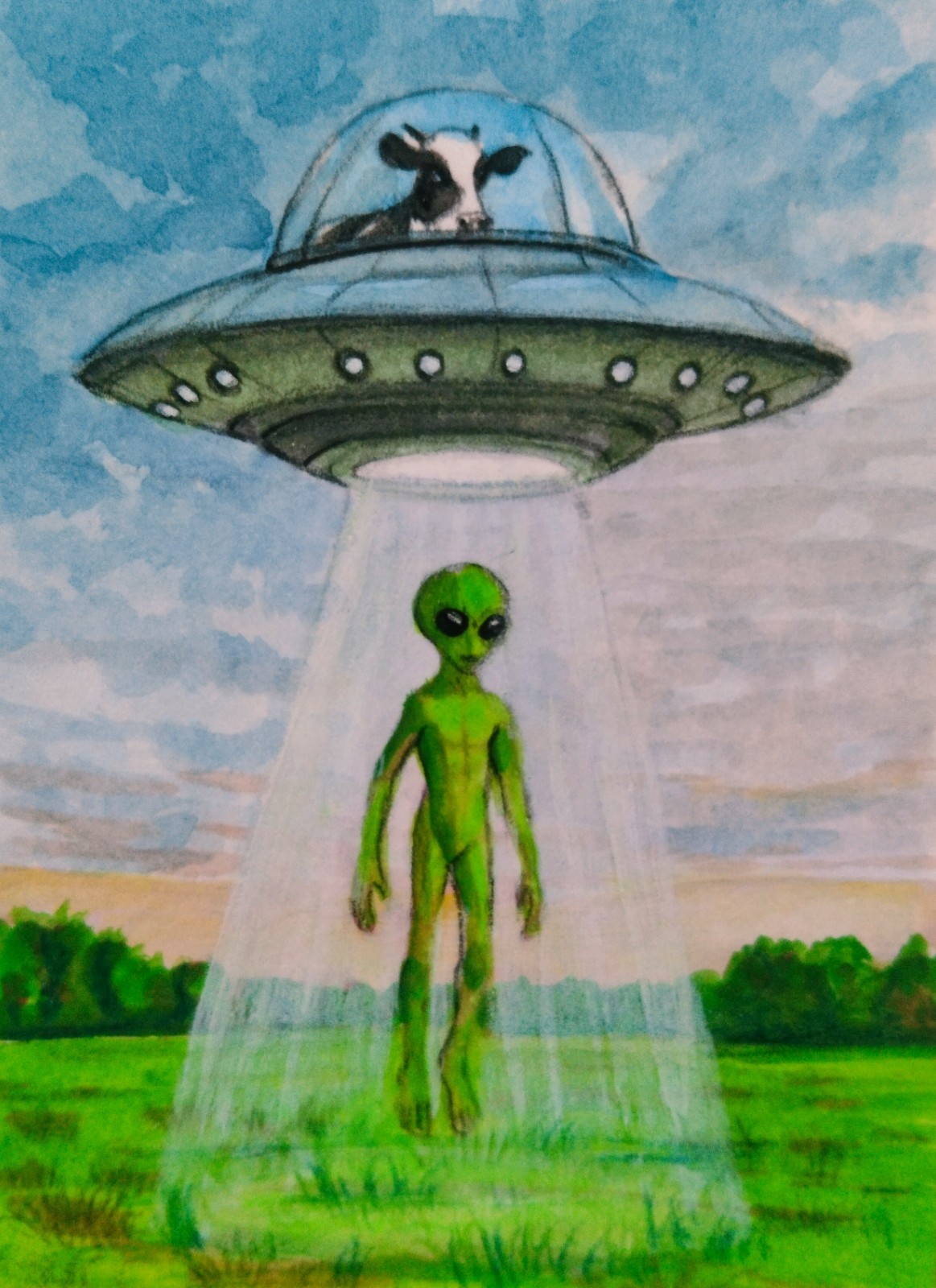 🧿Original ACEO Watercolor UFO Alien👽 Abduction Painting Miniature Art OOAK Cow