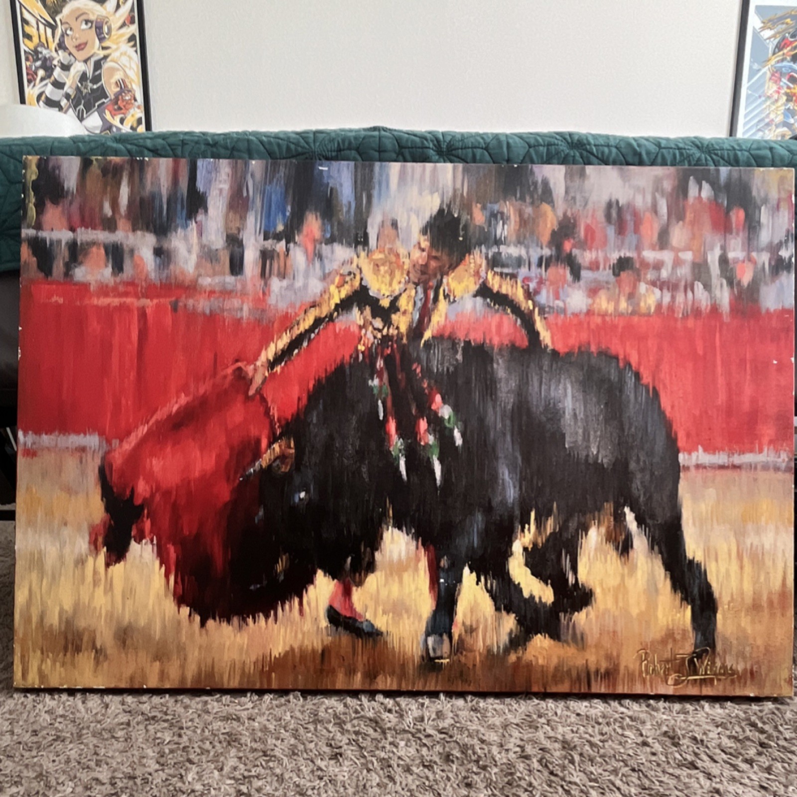 Robert J Wilkins Signed Large Matador & Bull Canvas Painting Unframed