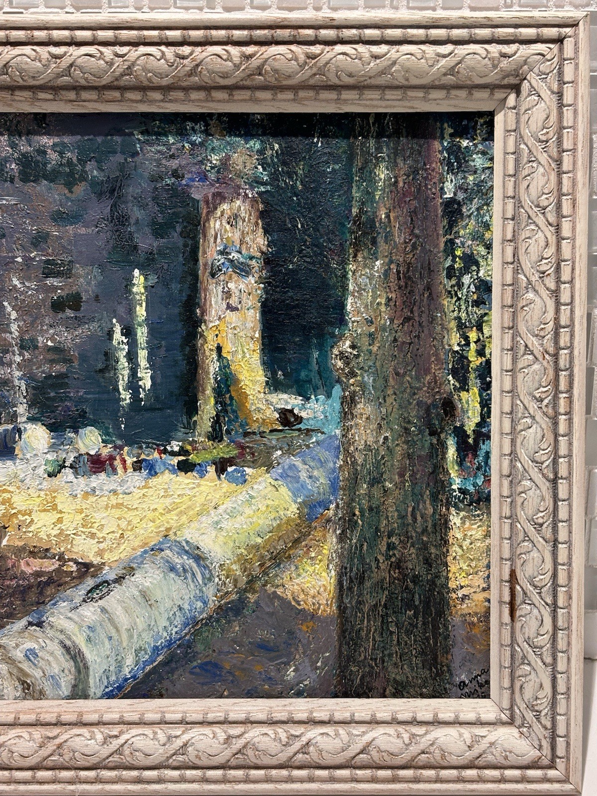 Original Signed Rustic Woodland Framed Painting, Anne Mike, Vintage Art Decor