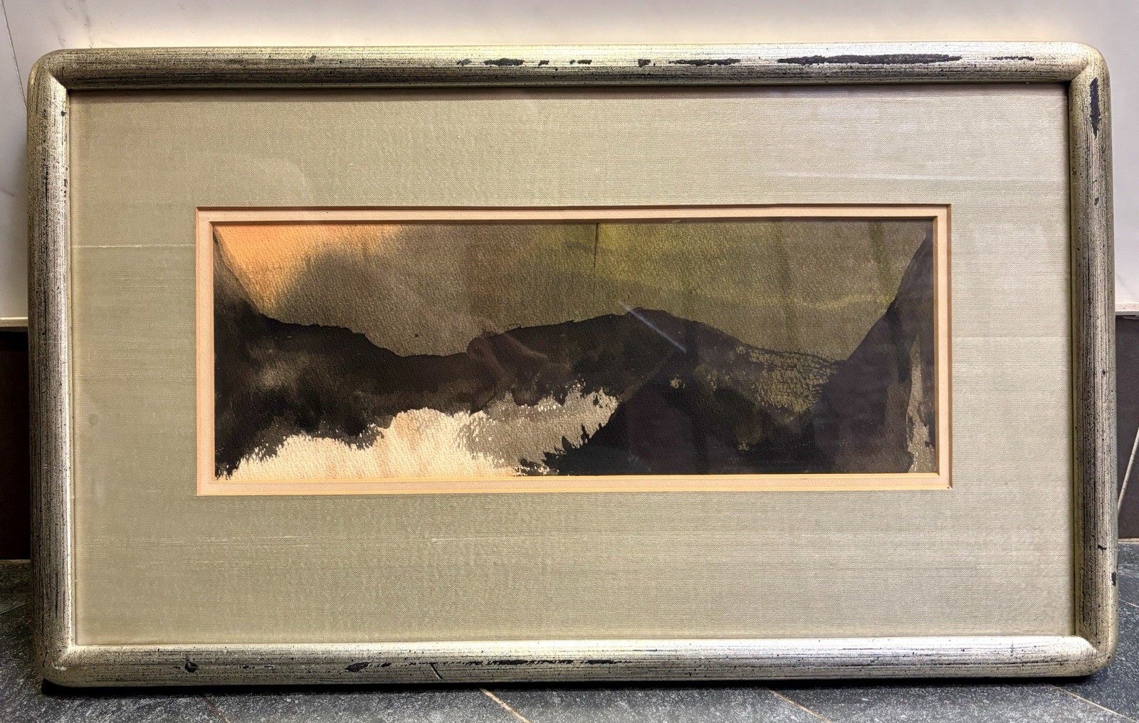 Vintage Mid-Century Abstract Watercolor Ink Wash Landscape Dusk Framed 1950s