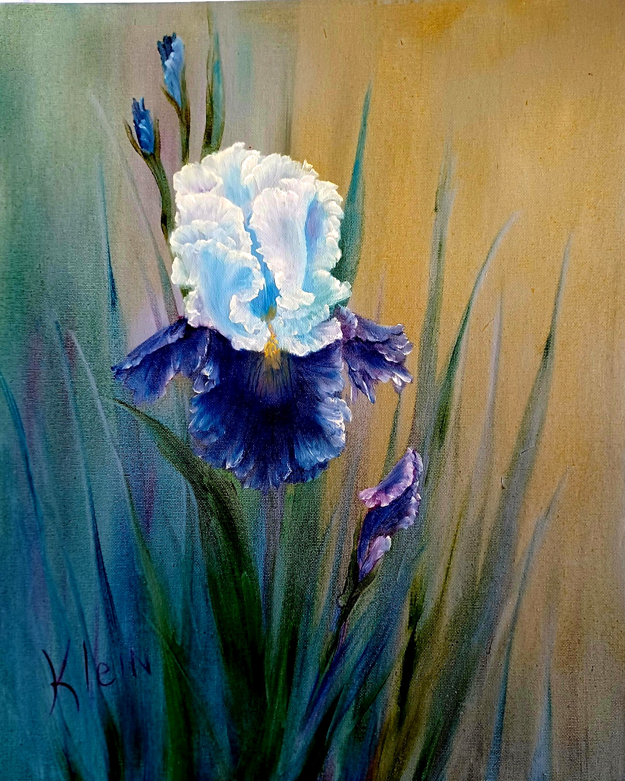 IRISES Former Website Original Floral Oil Painting 16×20 Handmade Artist Klein
