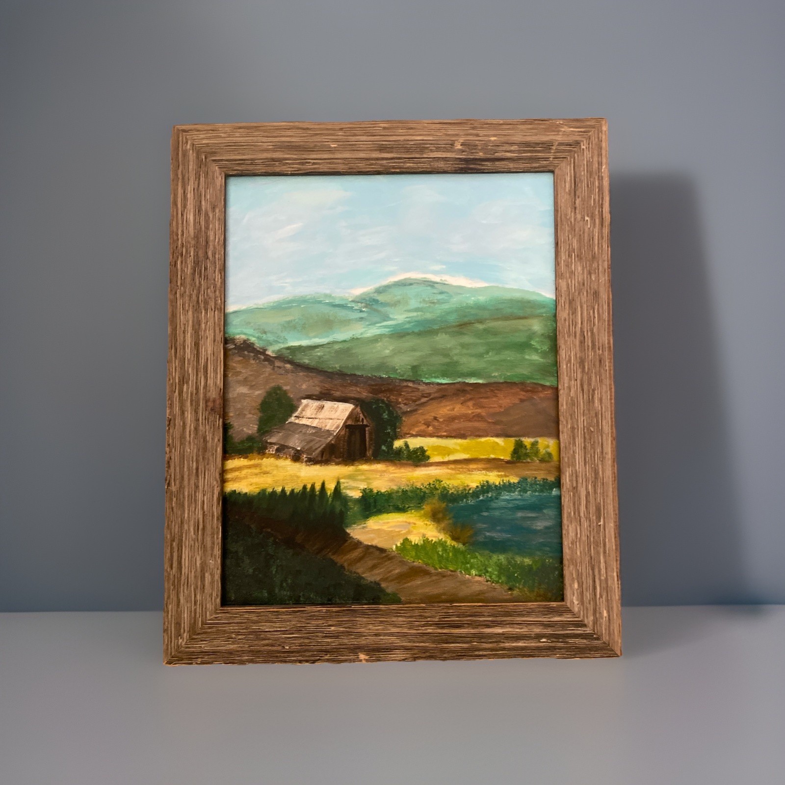 Vintage Oil Painting Farm Folk Primitive Barn Mountains 17” X 14” Framed