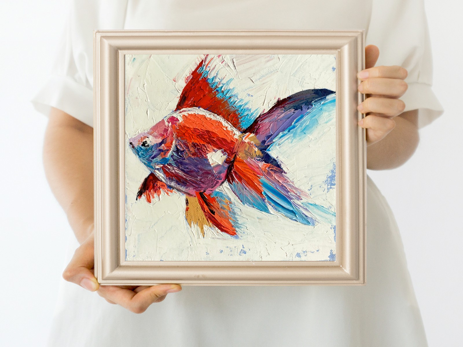 Small Impasto Fish Original Oil Painting on Stretched Canvas Sports White Yellow