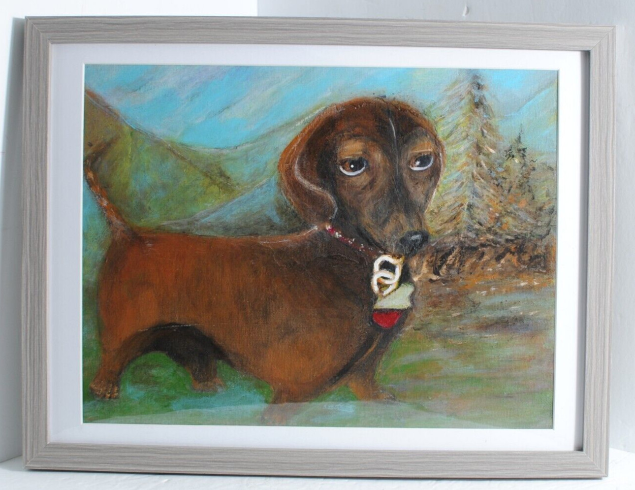 Original Acrylic on Canvas Board Dachshund Dog in the Woods Framed 11″ by 14″