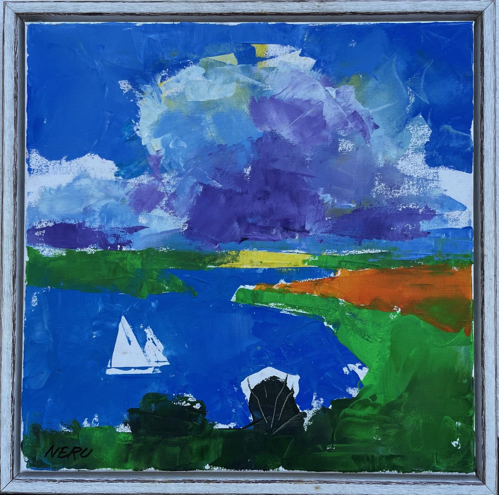 Expressionist Abstract Coastal Landscape with White Sailboat Oil Painting Maritime