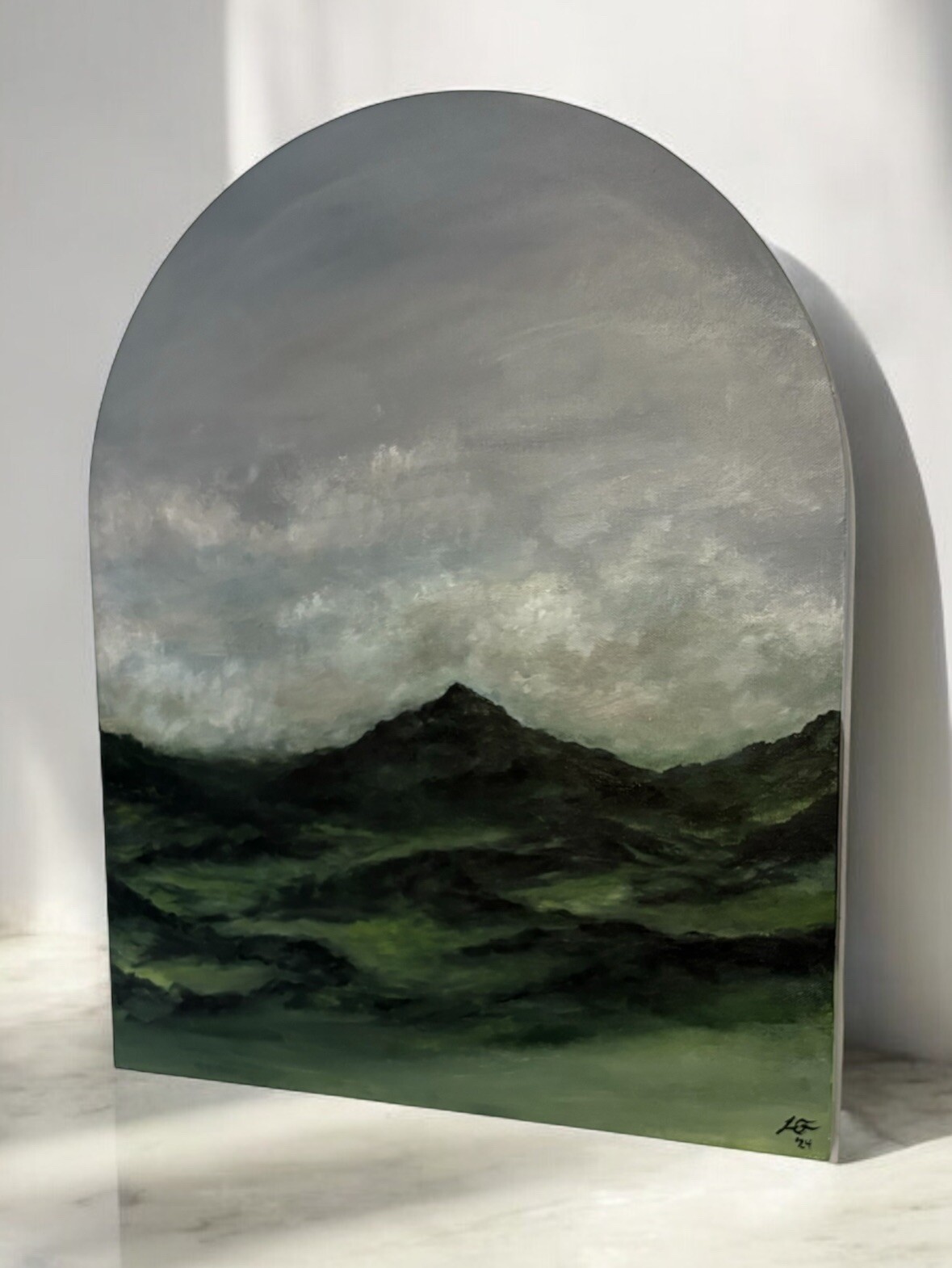 16×20 Original, Fine Art, Arched, Signed Moody Mountain Painting On Canvas