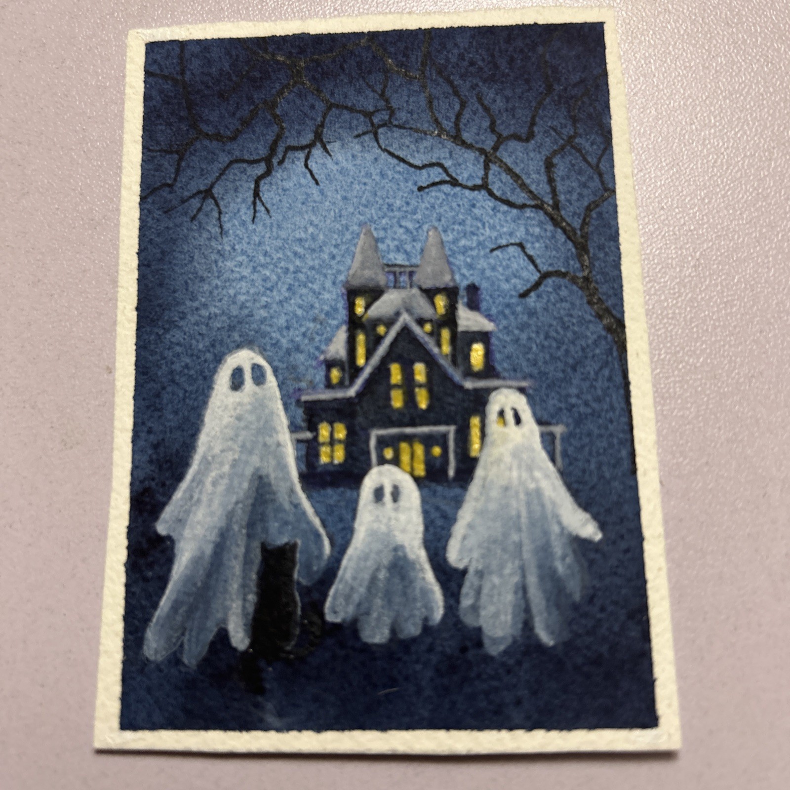 ACEO Art Card original Haunted House Ghosts Free Shipping By Elizabeth Winegar.