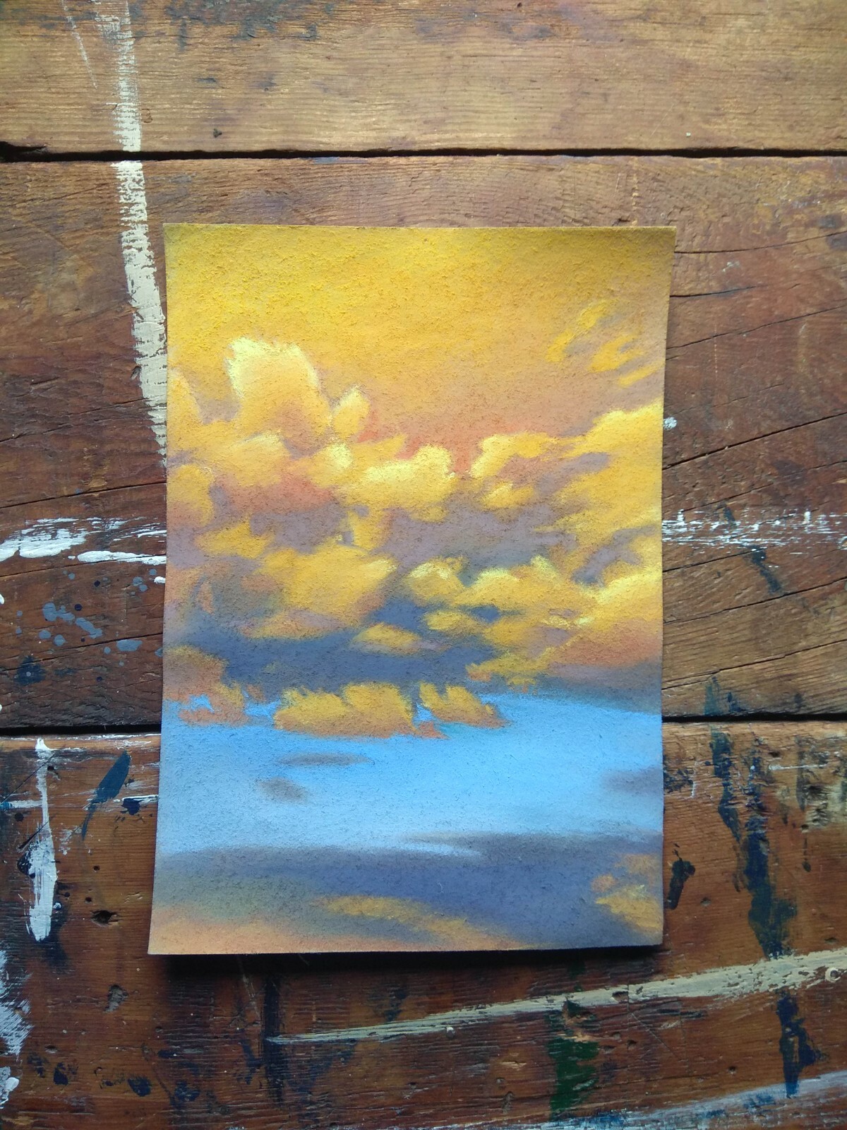 Sunset Cloudy Sky Yellow Clouds Original Pastel Drawing 8 1/4 x 11 1/2 in
