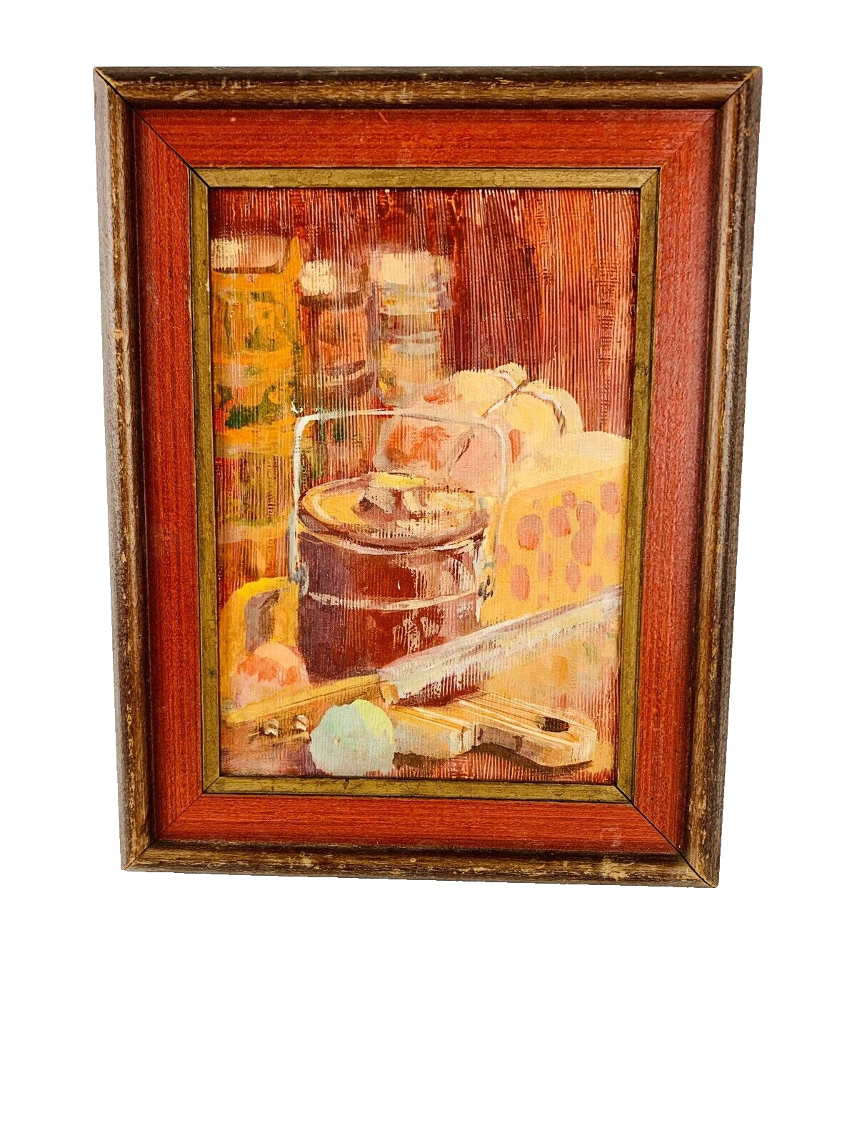 MCM Painting on Board Still Life Crock Cheese Orange Gold Rust 8 1/2″ x 11″