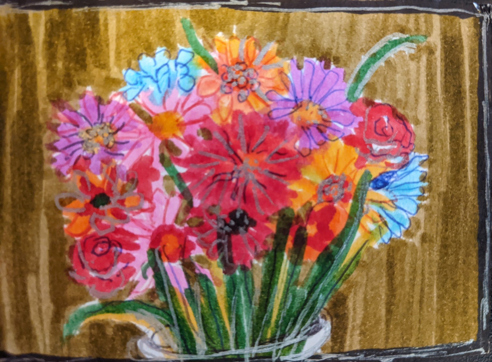 ACEO Original Painting Watercolor Artist marker Signed OOAK Beautiful Flowers