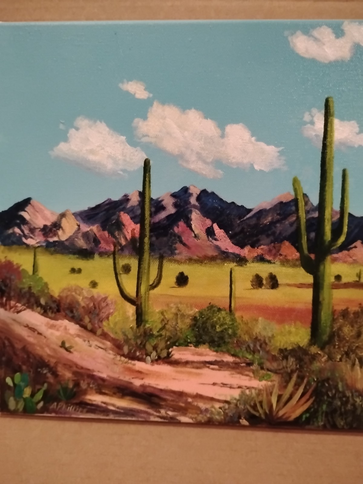 Authentic Desert Cactus Landscape Oil Painting 🎨 New Mexico Folk Art 14×11