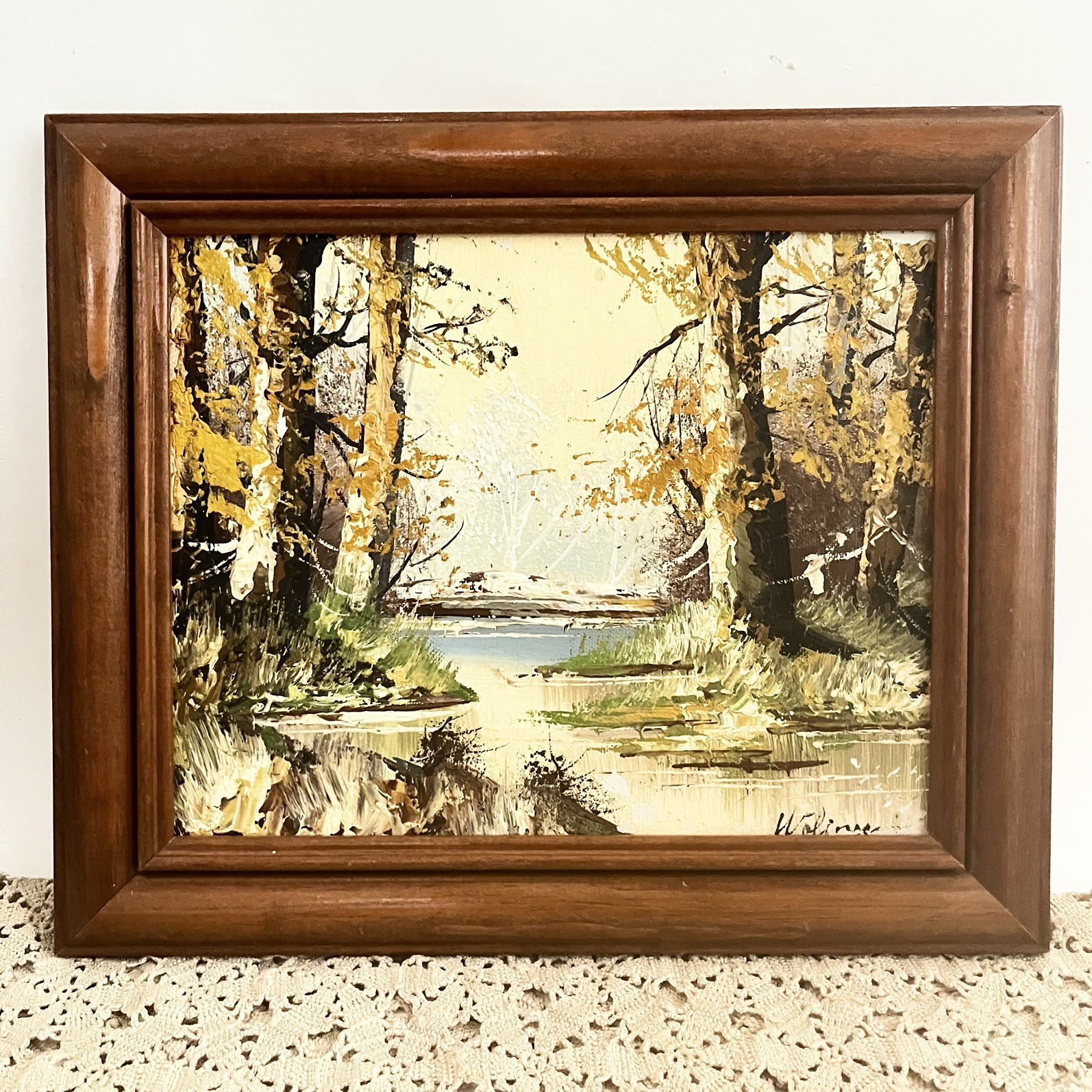 Vintage 8×10 Oil PAINTING Signed Original Fall Landscape Birch Trees Wood Frame