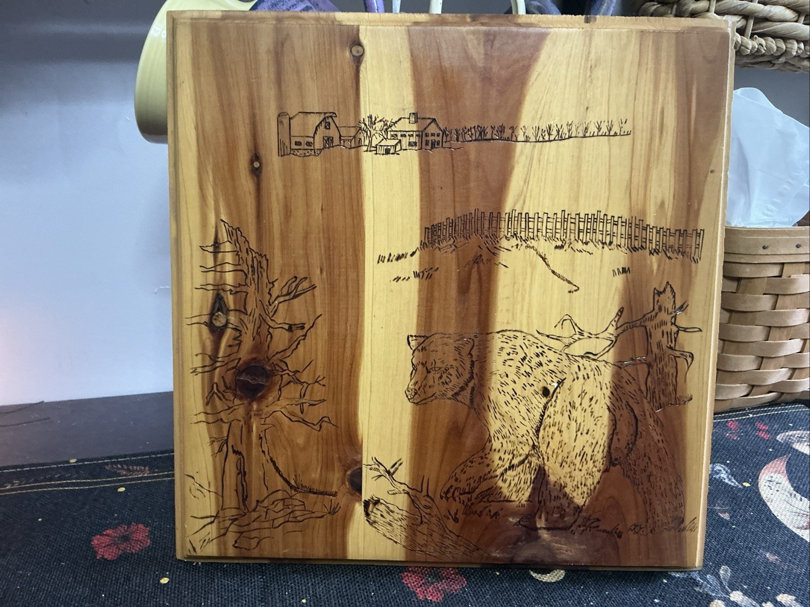 Wood Burning Art Natural fence post/ Farm Barn scene Vintage Cedar 12X11