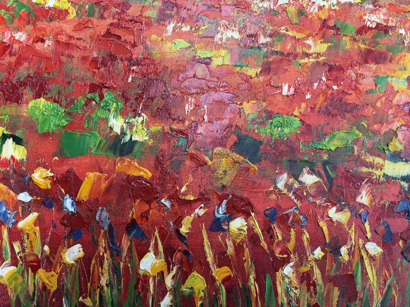 *Poppy Field with mountains* original hand painted on Canvas