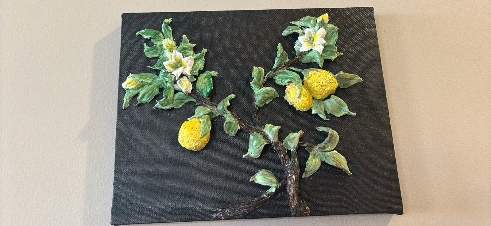 Still Life Lemon Tree & Flowers Painting on Canvas, Small Handmade Art