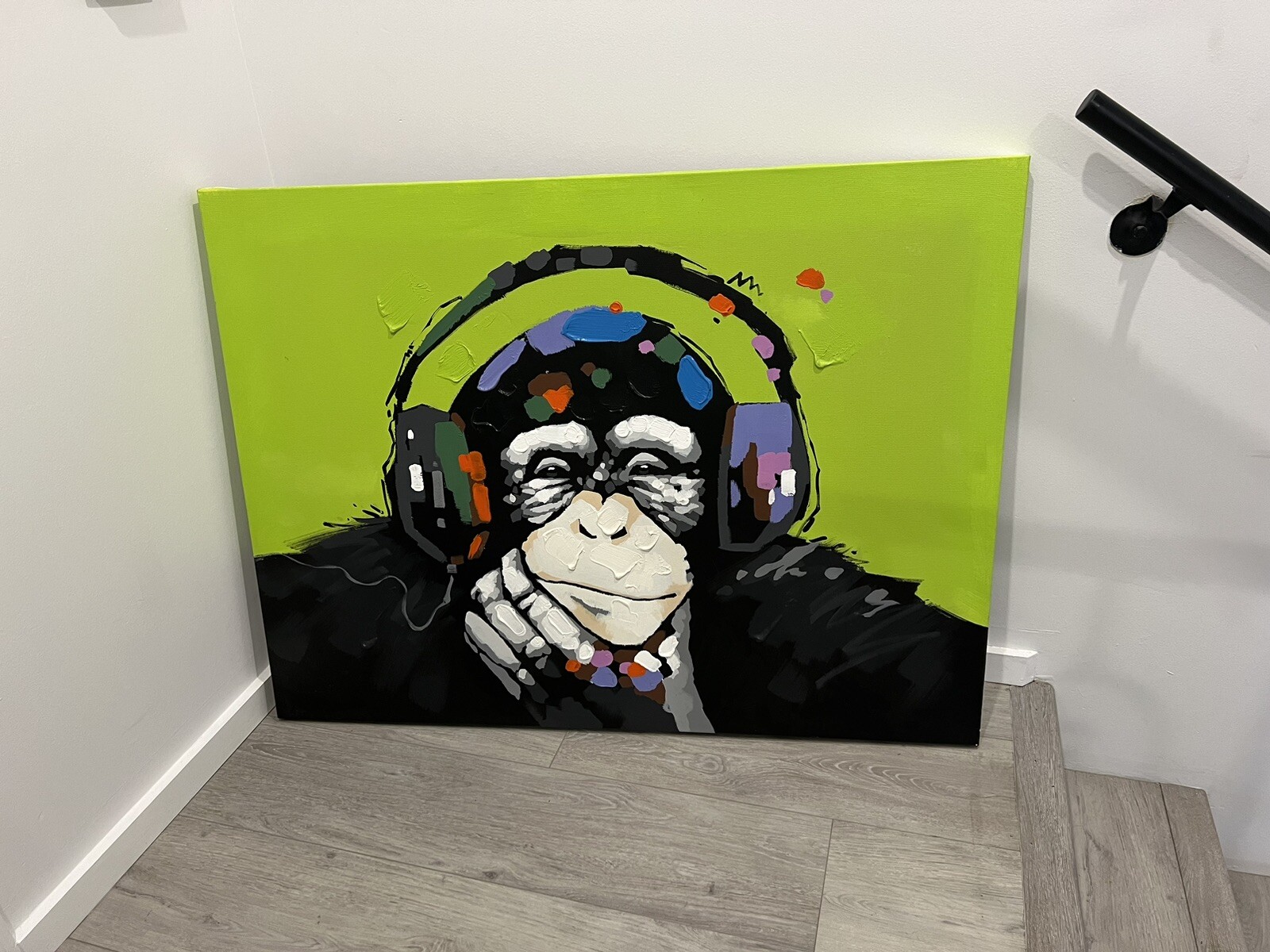 Oil painting Chimp Monkey DJ with headphones modern art Canvas 36’x48’