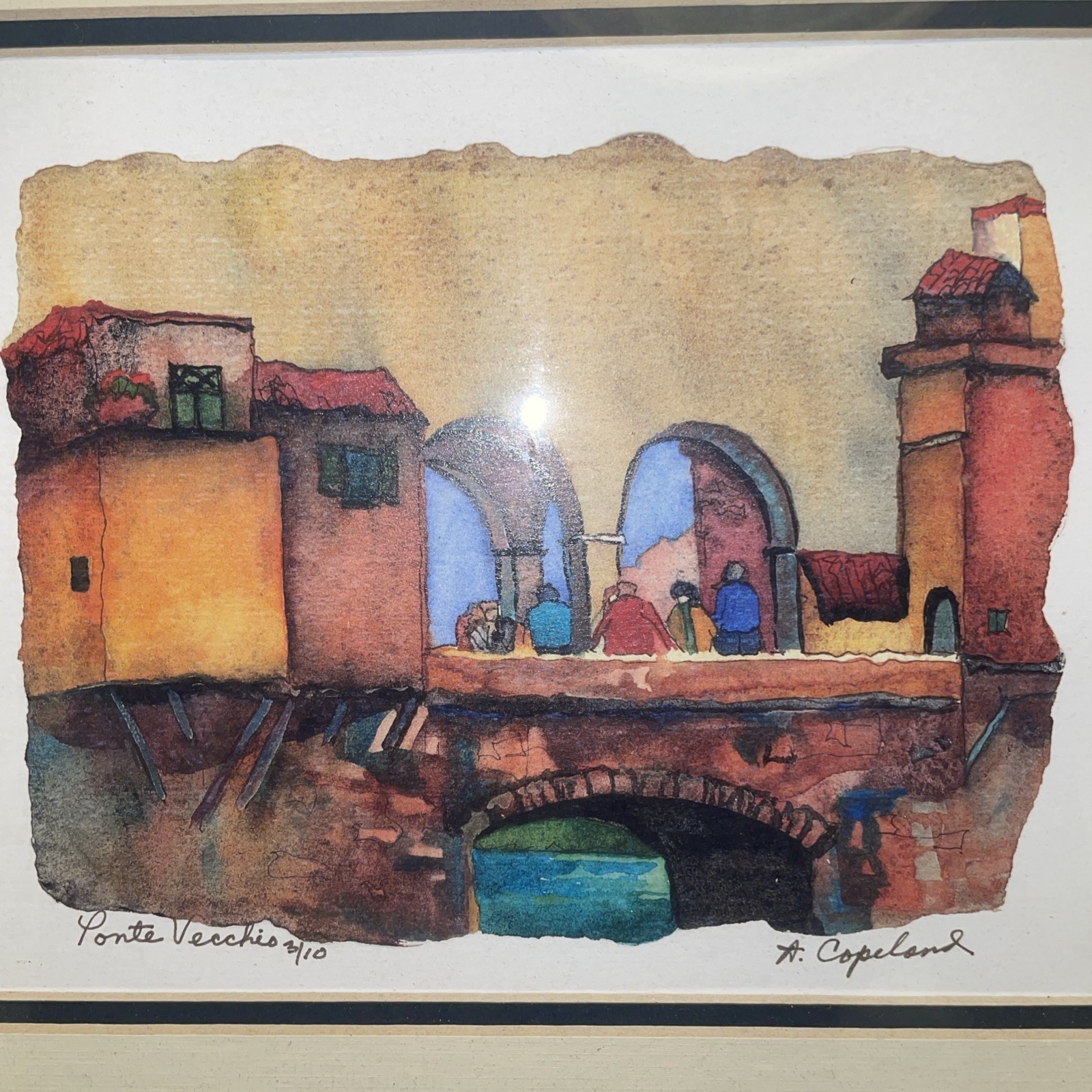 Signed Framed Limited Edition Water Color Painting Pointe Vecchio Bridge, Italy