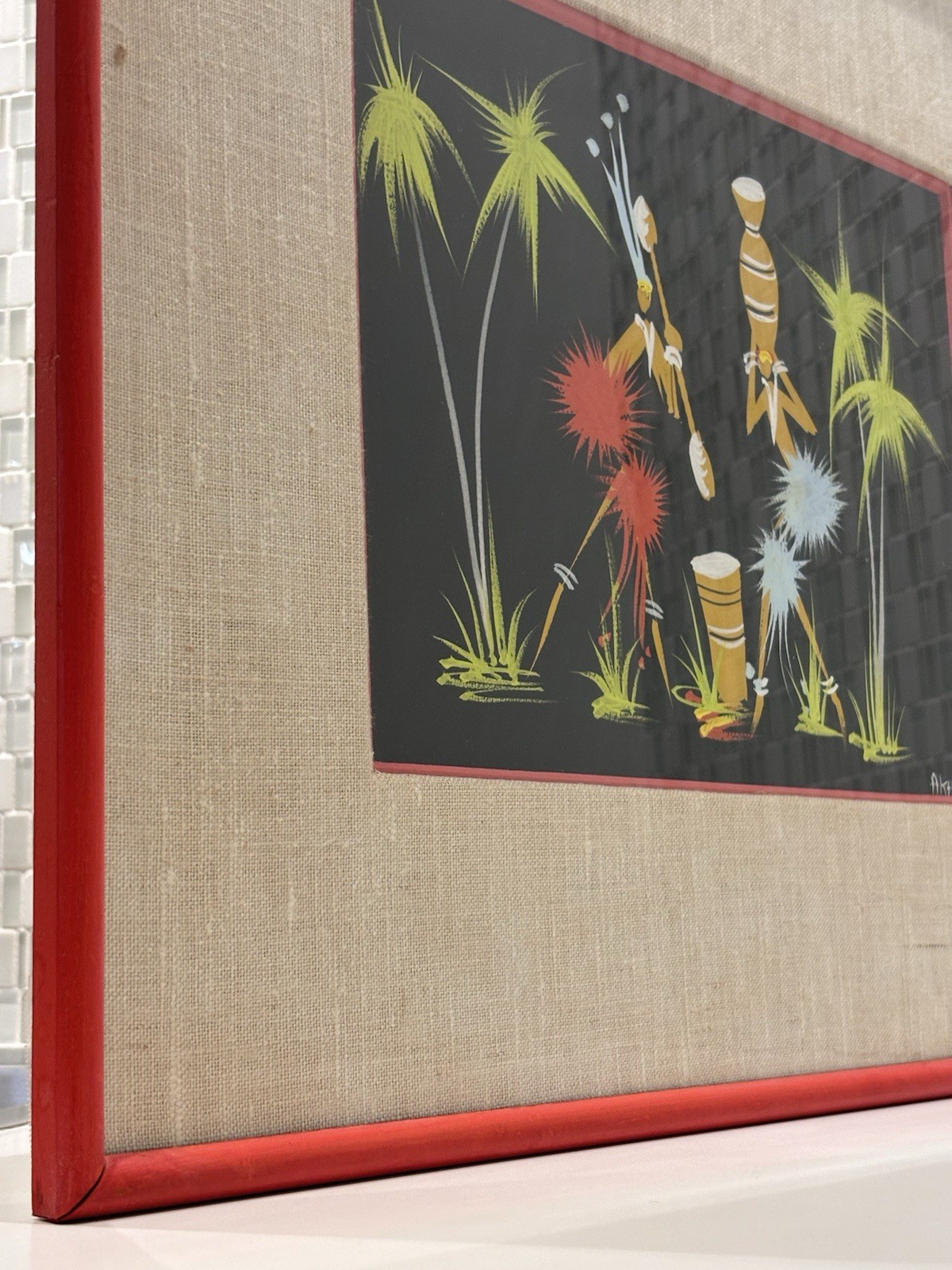 Original Signed African Folk Art Framed Matted Painting, Vintage Decor Gifts
