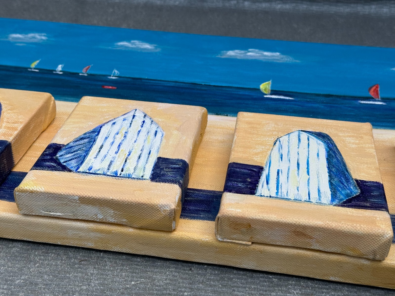ROL 3D Multi Canvas Beach Seascape Painting Cabanas Sailboats Collage 3-D Ocean