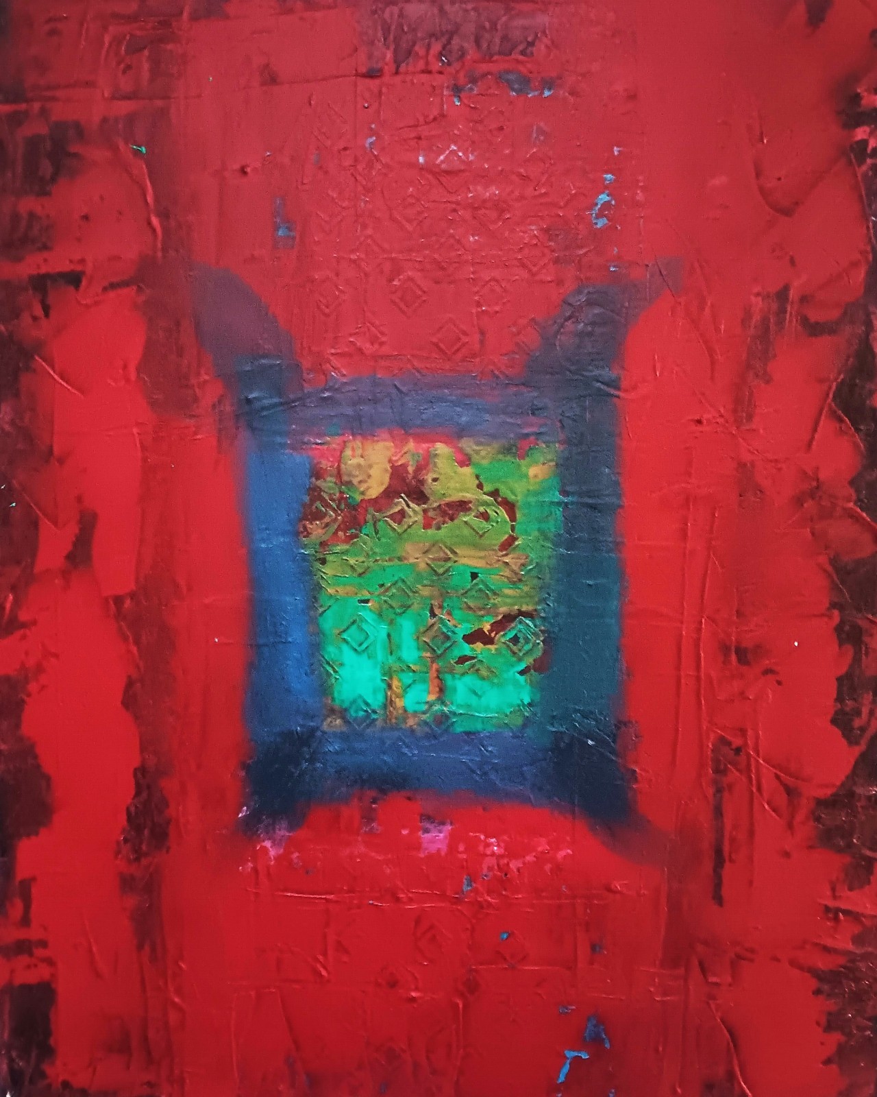 Small abstract original black turquoise blue pink red ochre «Red Vibe»