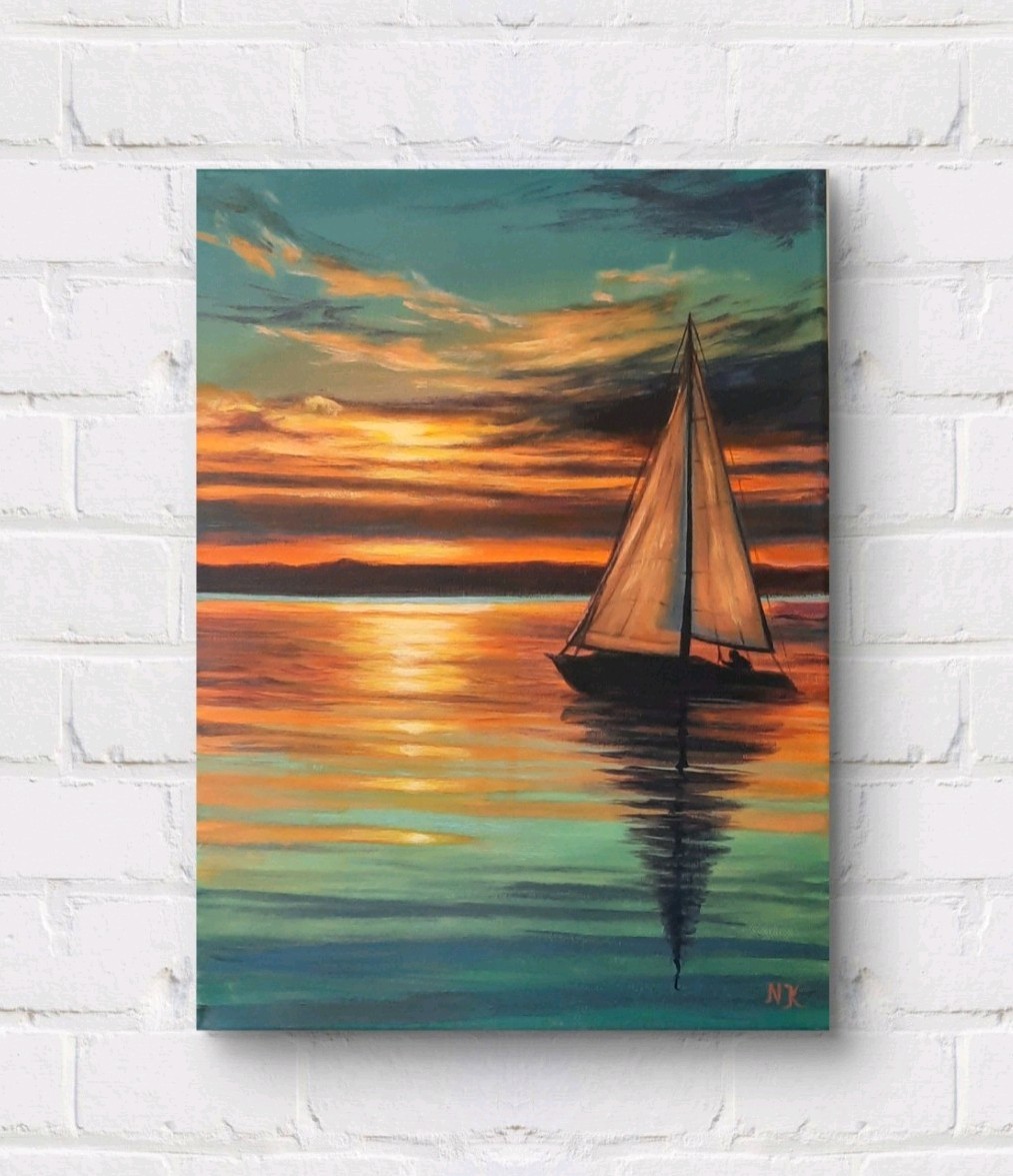 Sailboat Seascape Painting Sunset Marine Art Ocean Wall Art