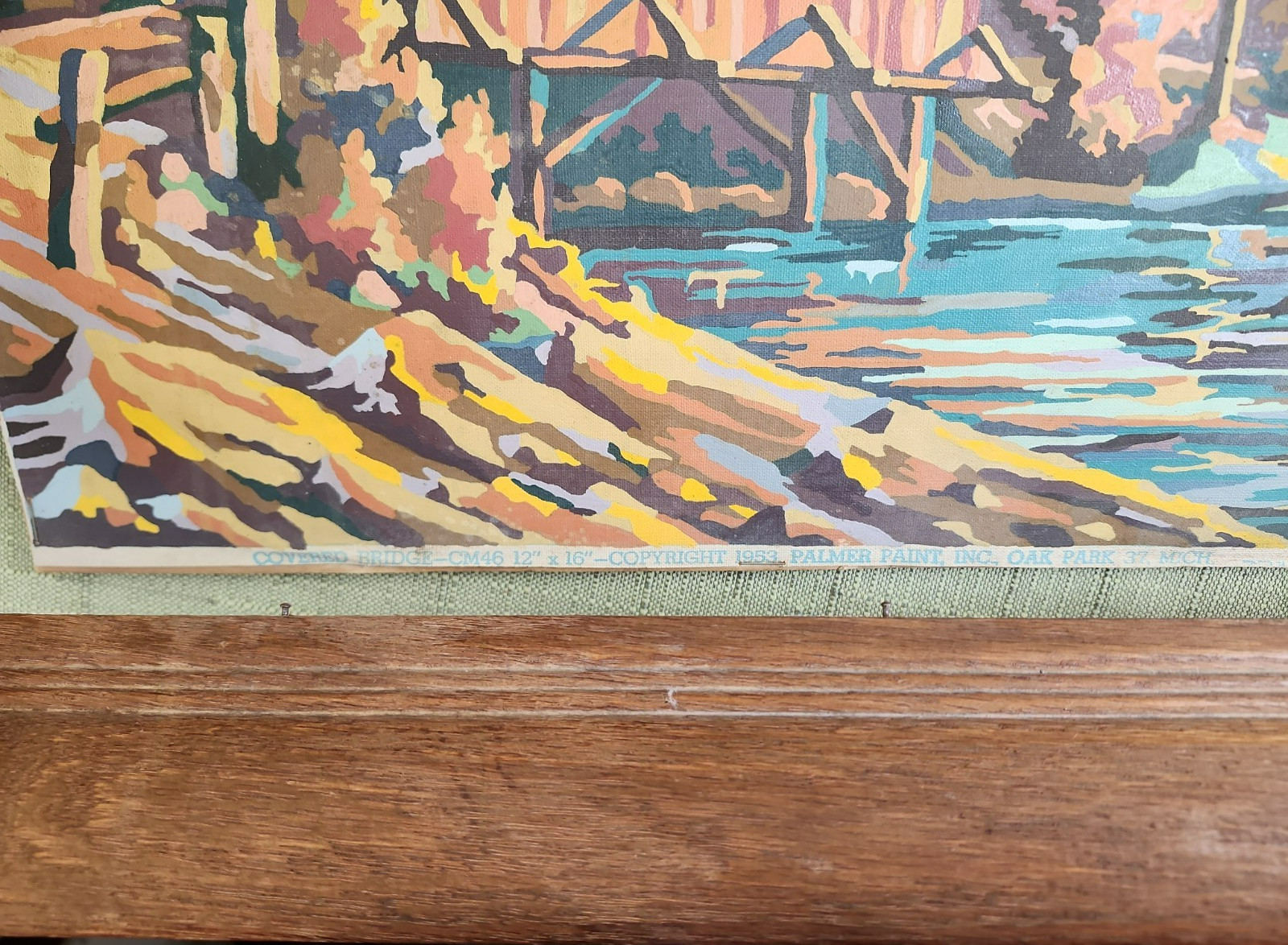 Vtg Wood Frame Fall Landscape Painting, Muted Colors, Covered Bridge in Autumn