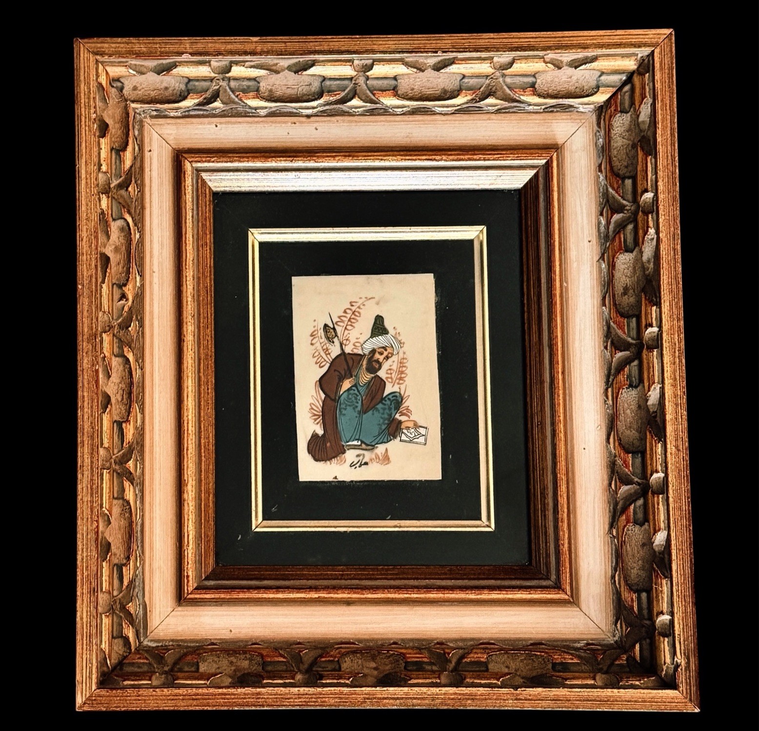 Hand Painted Signed Persian Miniature Scholar Painting Ornate Frame 10”x12”