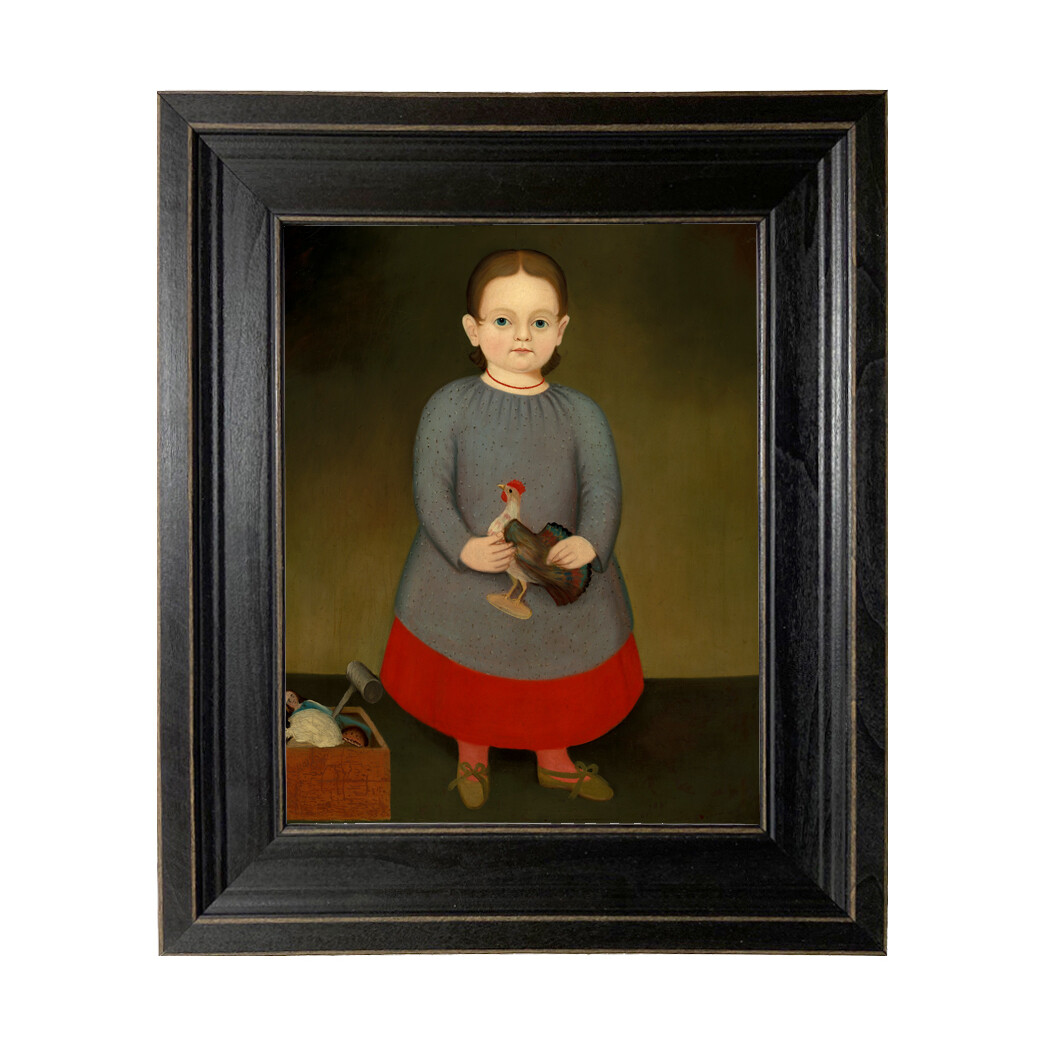 Primitive Child with Toy Rooster Framed Oil Painting Print on Canvas
