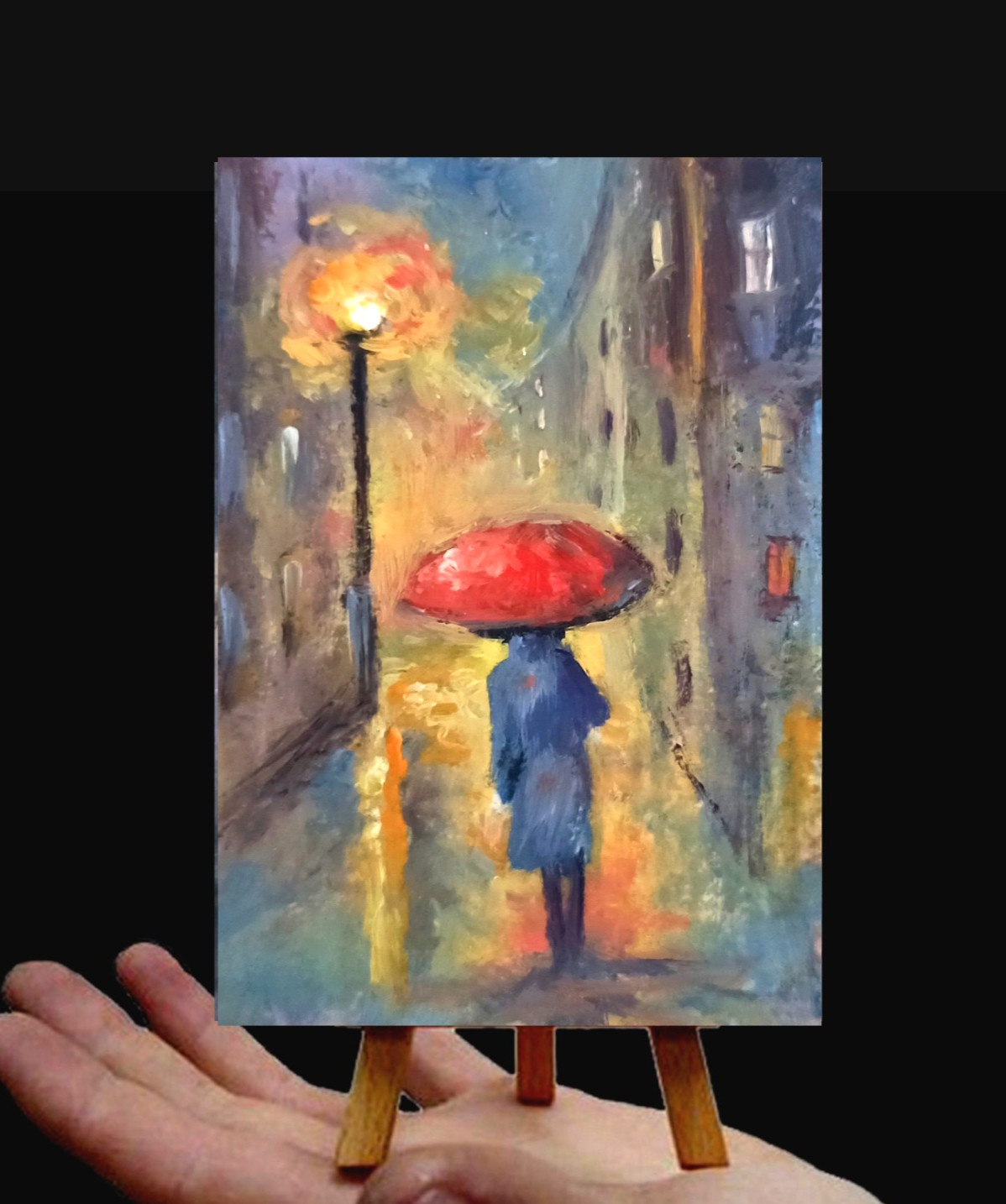 Original Umbrella ACEO Rain City Walk Woman Landscape Oil Painting Signed