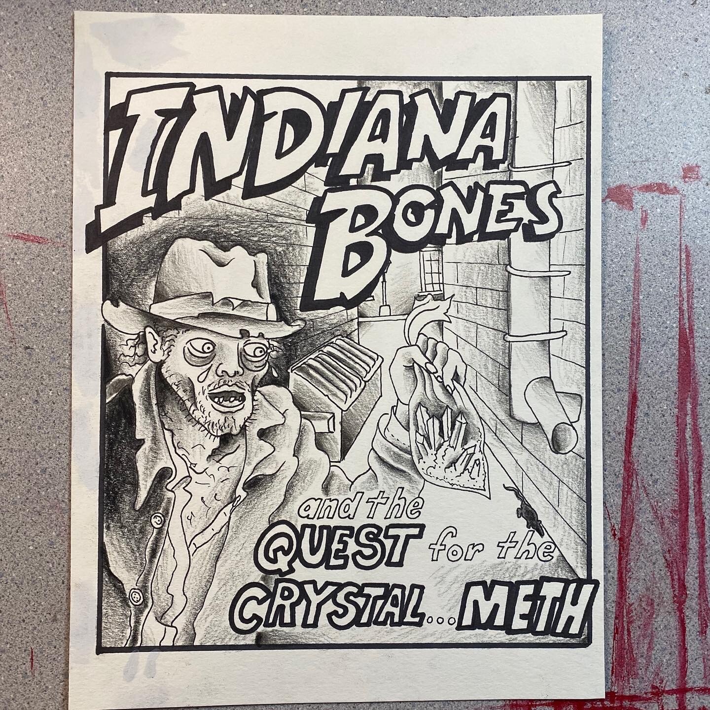 INDIANA BONES QUEST FOR CRYSTAL… METH DRAWING HEAVY PAPER HANDMADE FUNNY ART