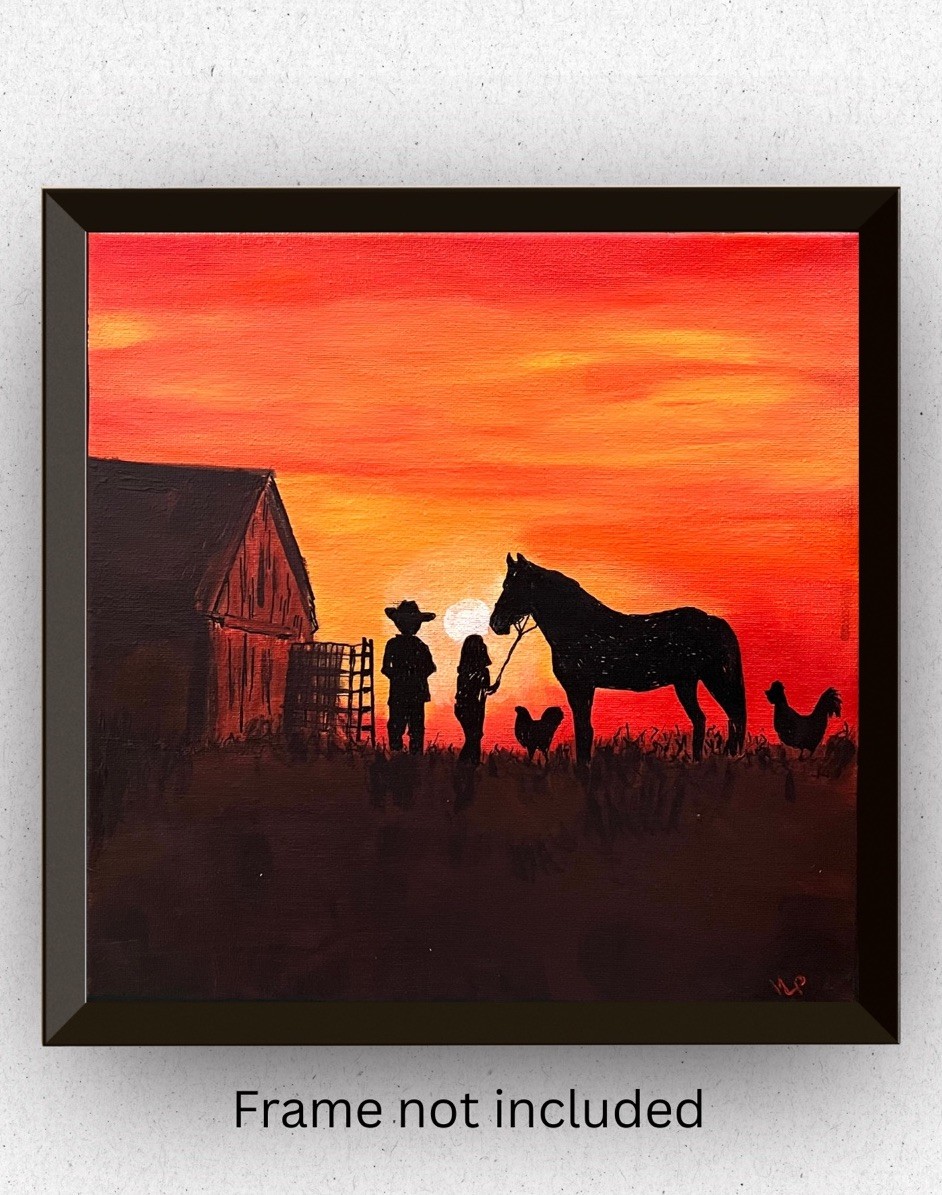 Original Cowboy Sunset Painting Acrylic Canvas Western Barn Silhouette Art 12×12