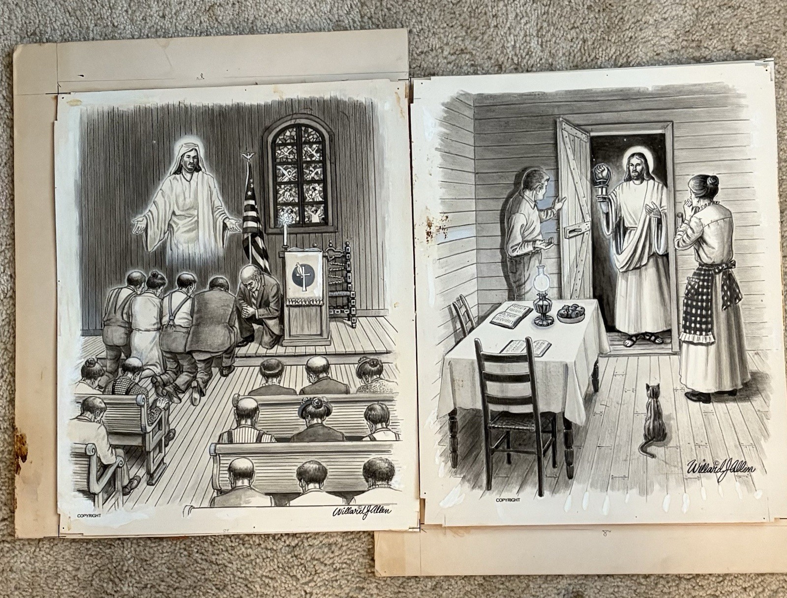 Appalachian Tennessee Artist Willard J Allen 2 Drawings Ink Jesus Flag Cat