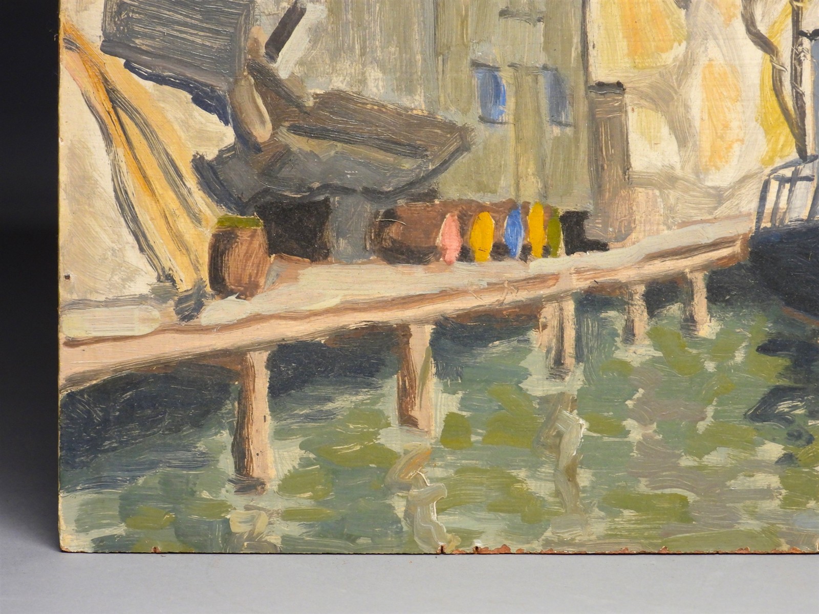 C.1920’s Scandinavian Impressionist Plein Air Sailboat at Dock Oil Painting