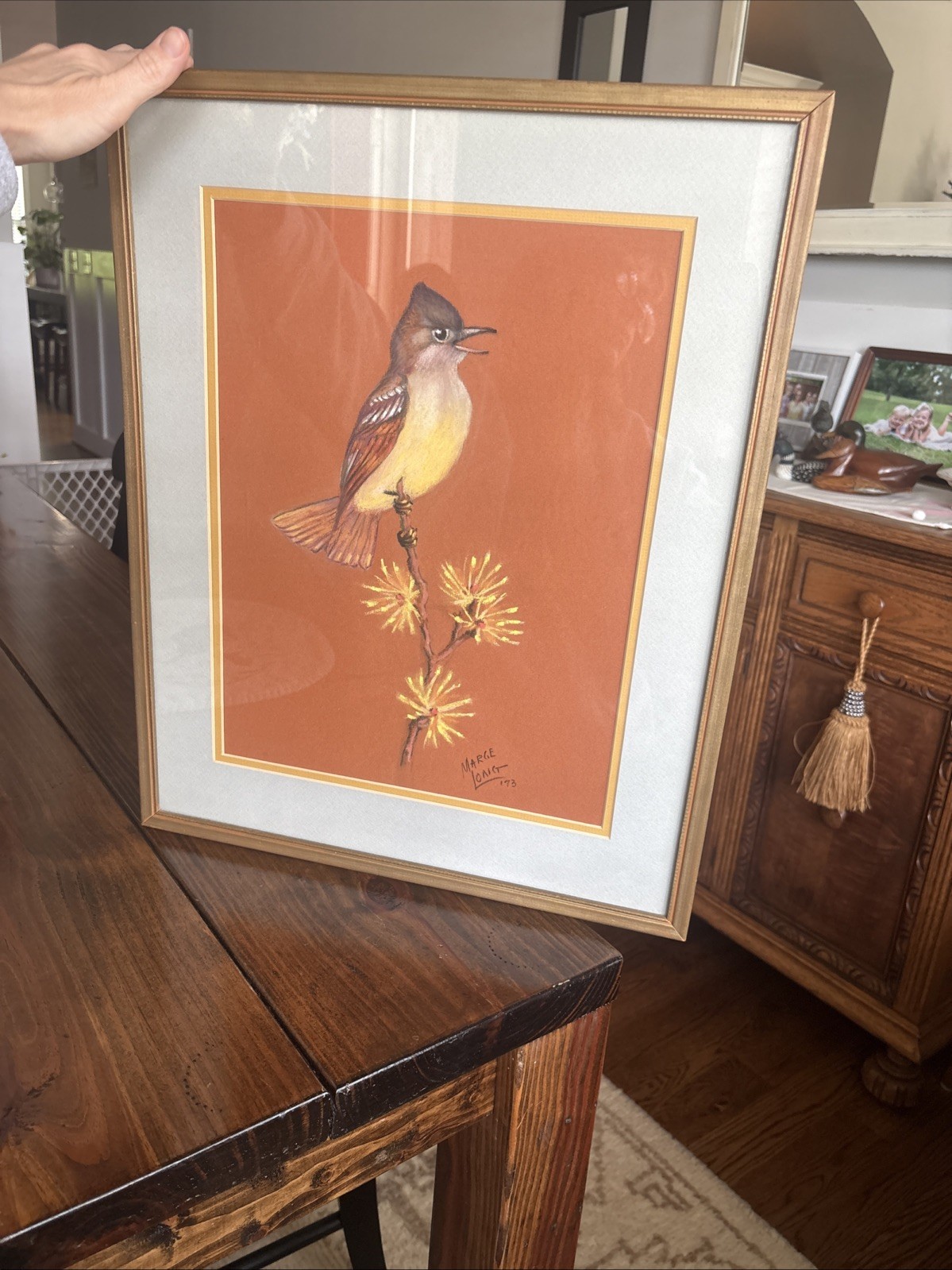 VTG MCM Original Oil Pastel Bird Drawing Painting 21”x17” Framed Artist Signed