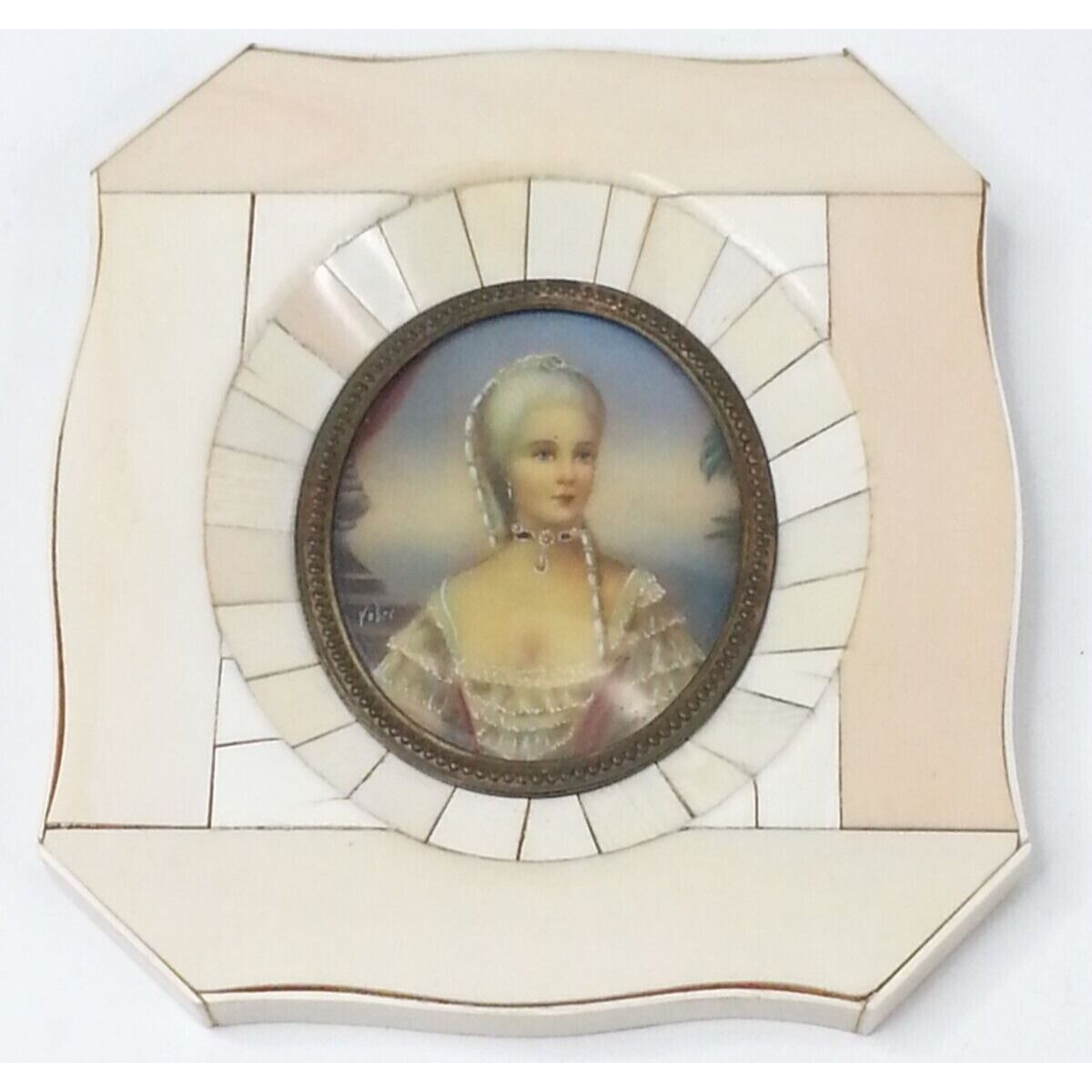 Antique Miniature Portrait Victorian Woman Signed Vober Embossed