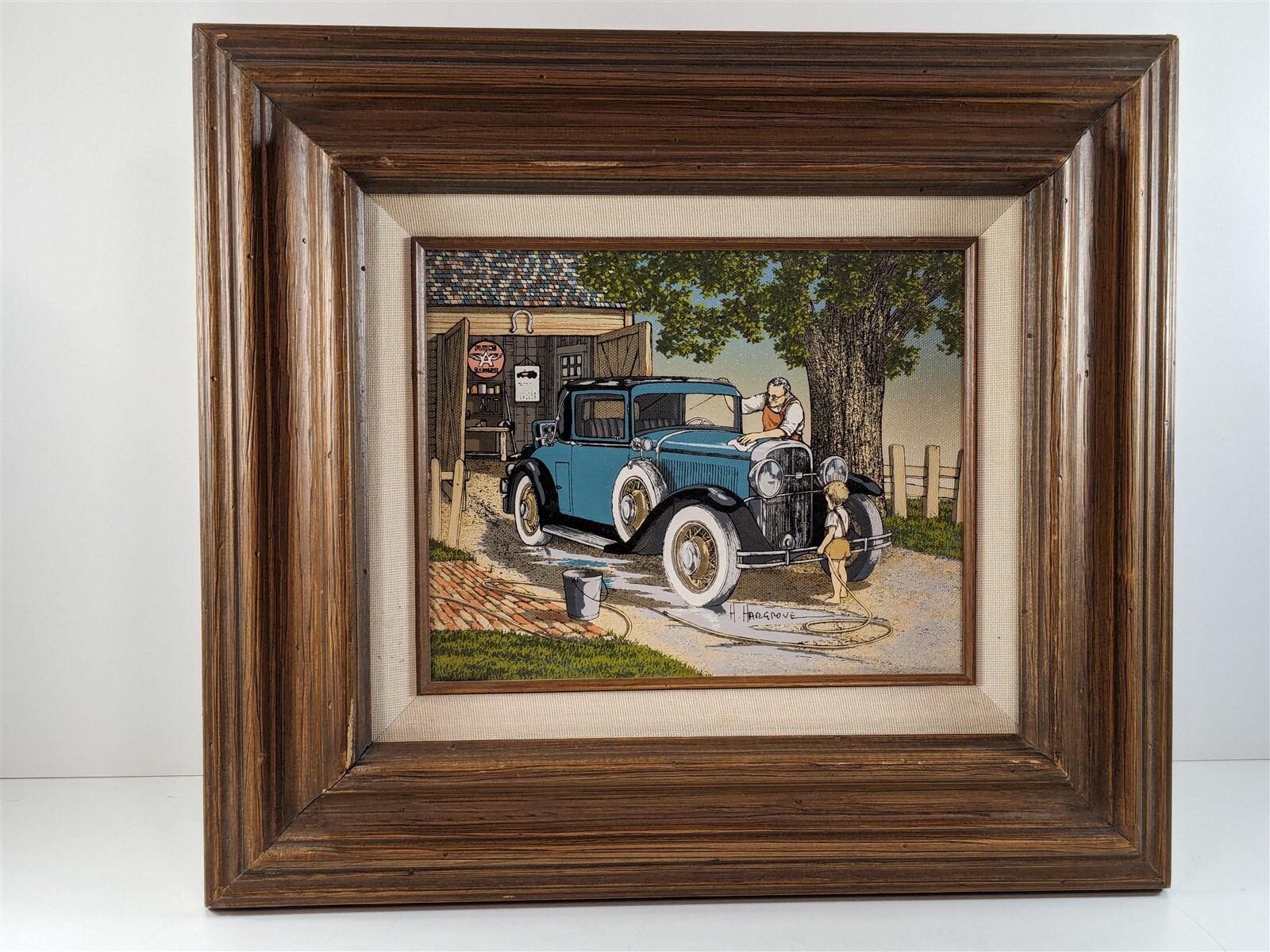 H. Hargrove Serigraph 10 x 8 Washing Blue Car Grandpa Grandson Framed 18×16