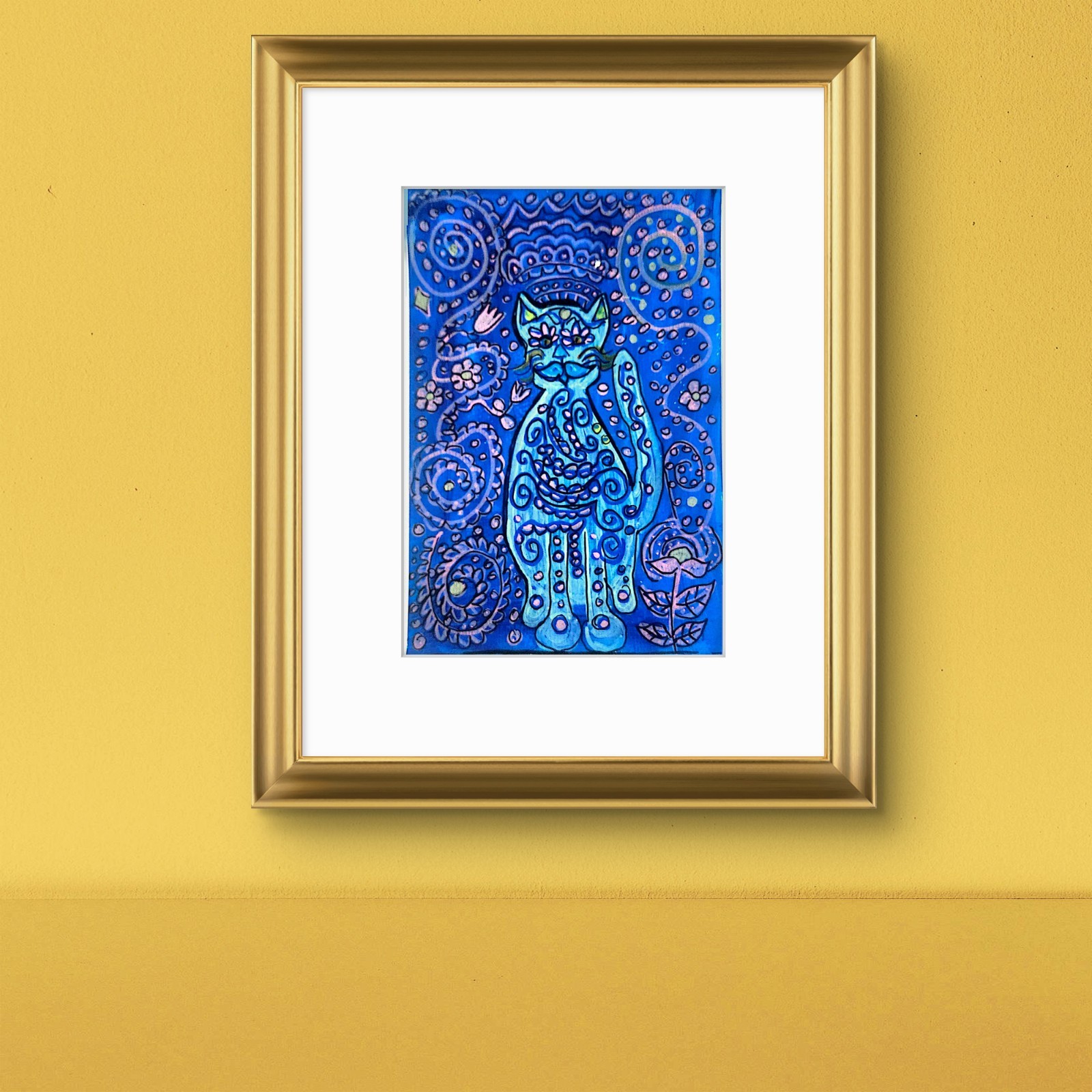 Mystical Cat Contemporary Expressionist Original Art Acrylic On Paper 9×6 Signed